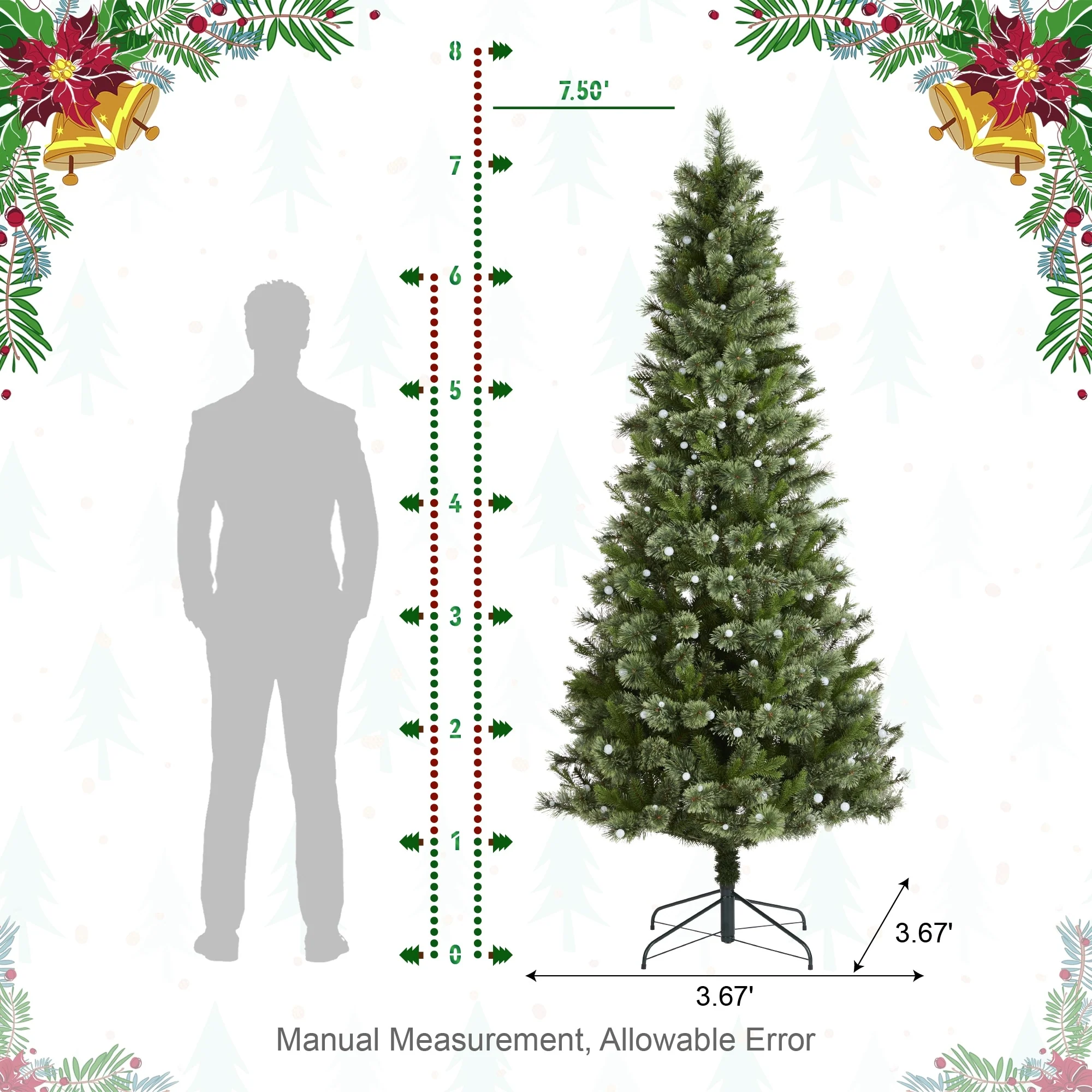 Glitzhome 7.5ft/9ft Pre-Lit Green Slim Pine Artificial Christmas Tree with Foot Pedal & Remote Control