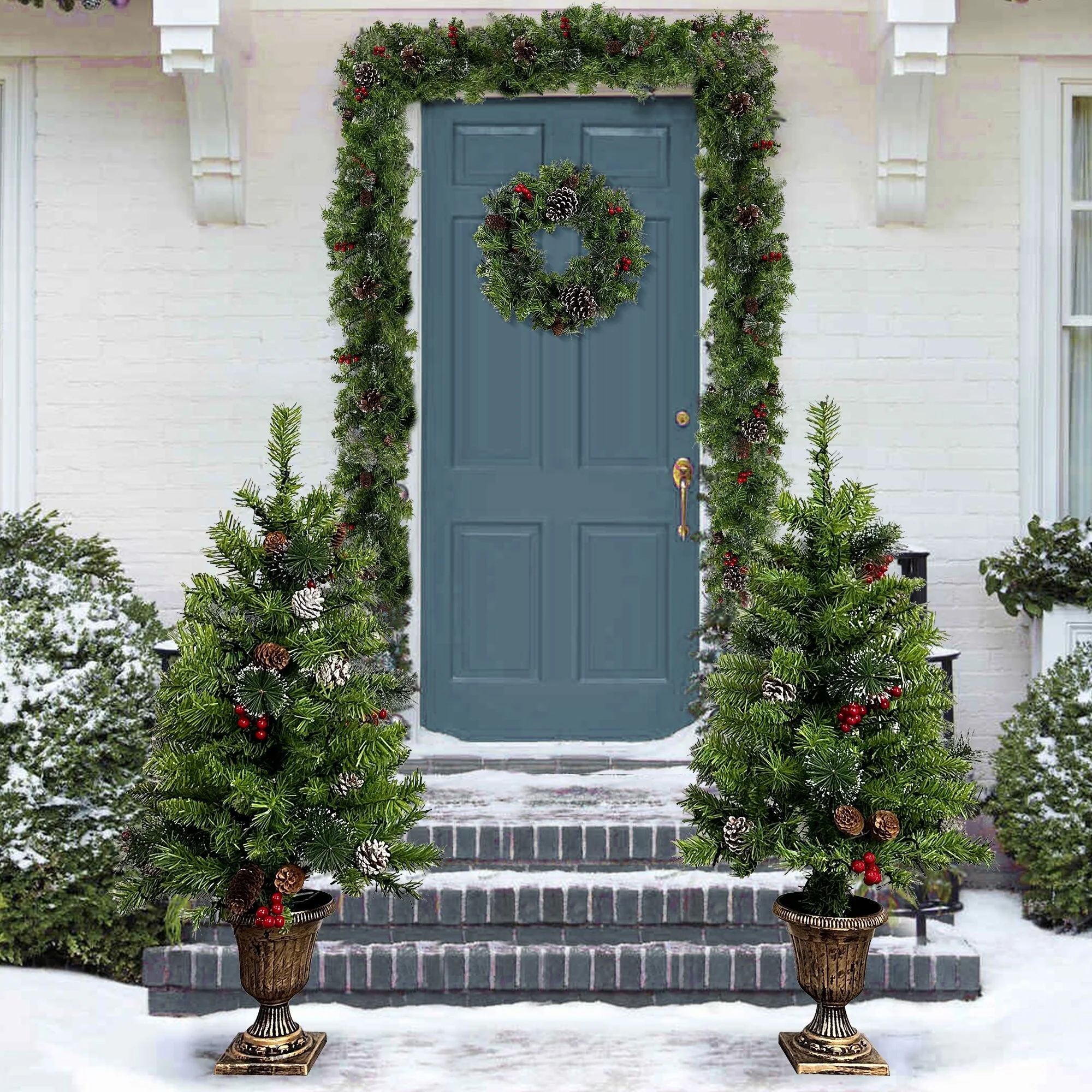 Artificial Pre-Lit Christmas Set with Garland, Wreath & Two 3FT Entrance Trees, 295 LED Lights, Realistic Holiday Decor