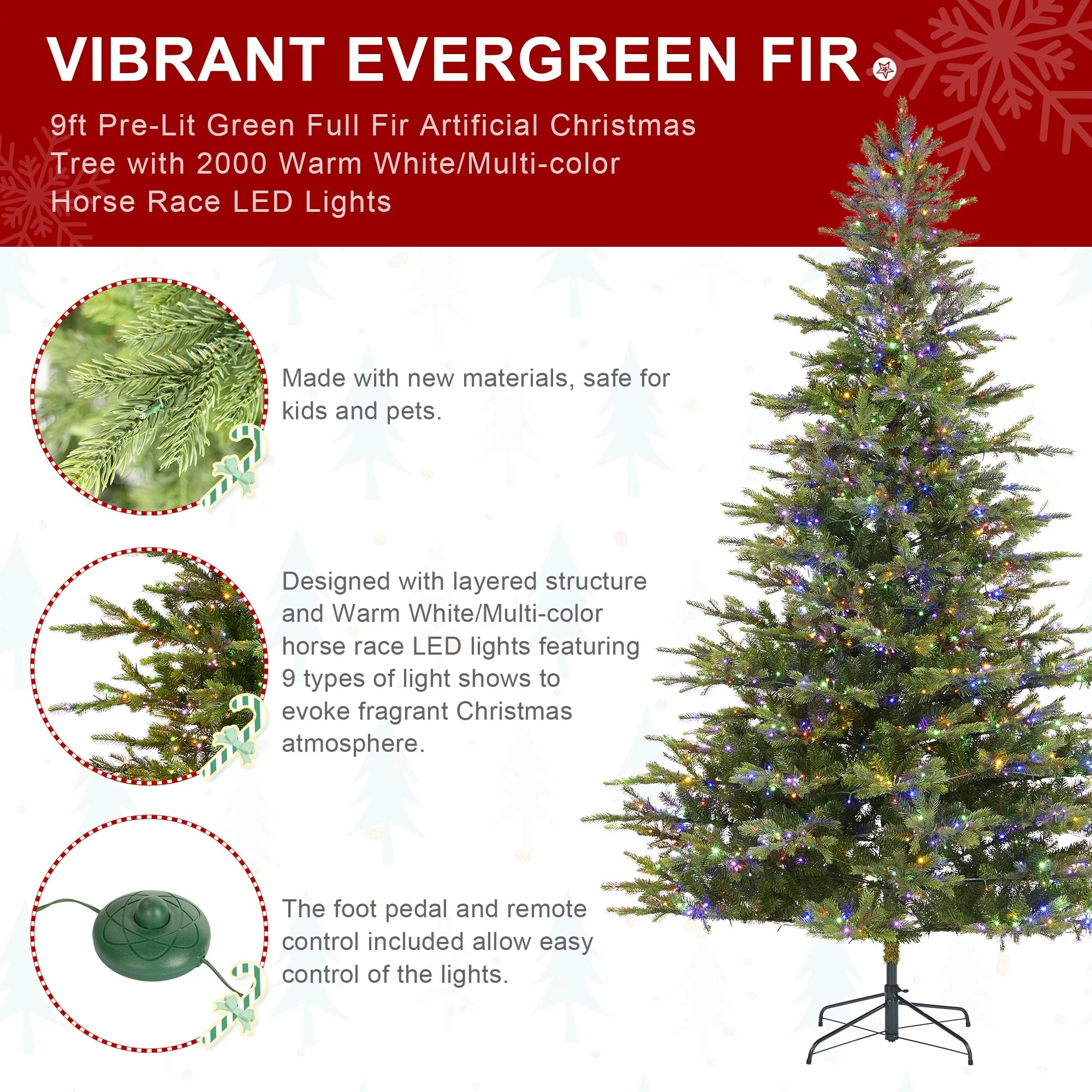 Glitzhome 7.5ft/9ft Pre-Lit Full Fir Artificial Christmas Tree w/Foot Pedal & Remote Control Simple Setup