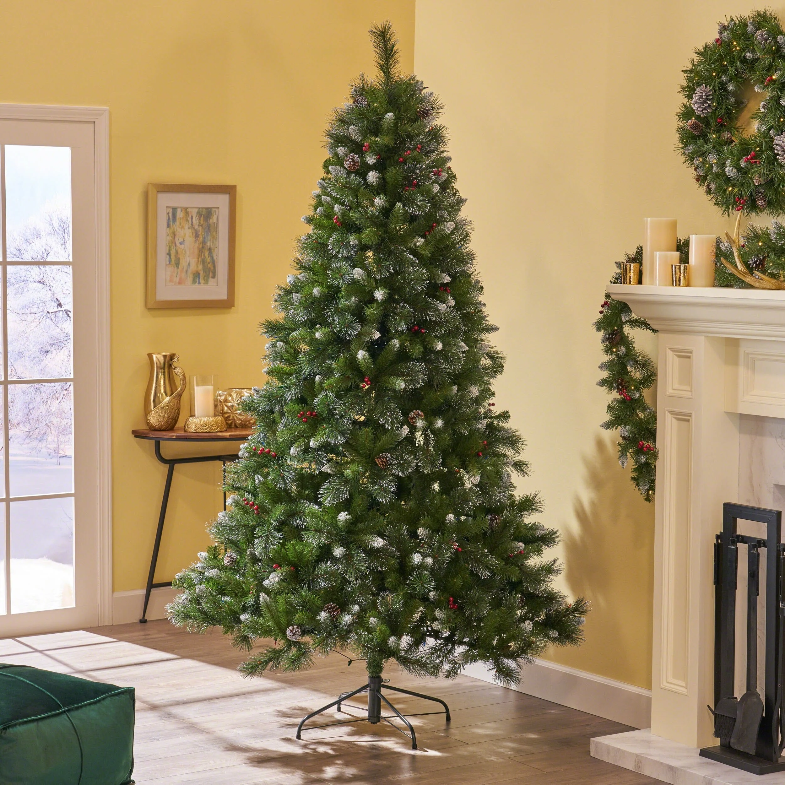 9-Foot Hinged Christmas Tree, Unlit, 2099 Tips with Red Berries and Pine Cones, Perfect for Large Indoor Spaces