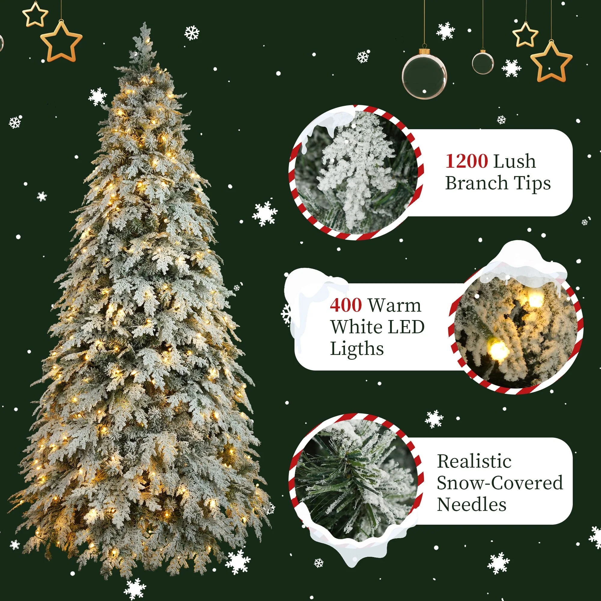 Pre-Lit 7.5ft Artificial Christmas Tree with 400 Warm White LED Lights and 1200 Branch Tips for a Lush Holiday Look