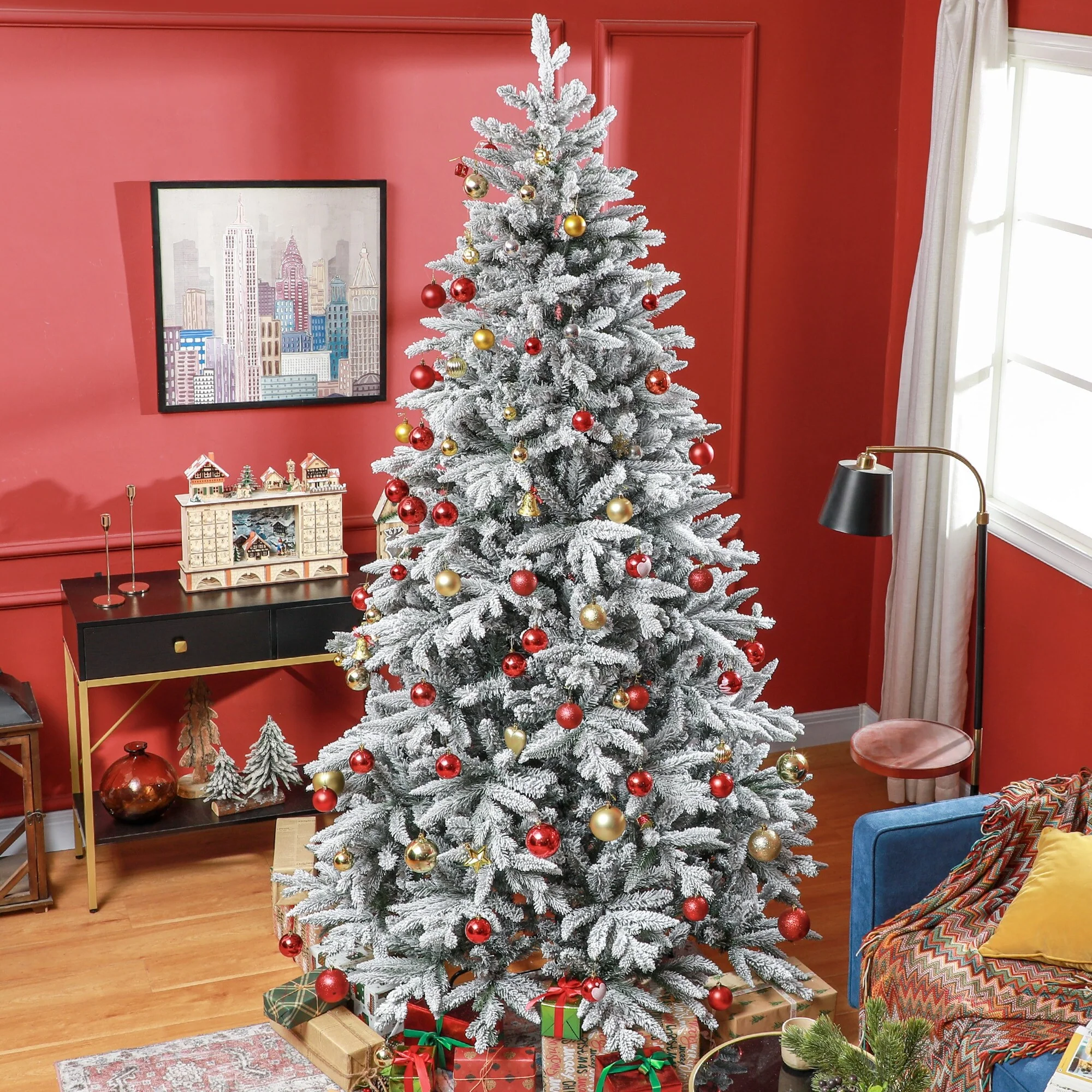 Snow Flocked 7ft/8ft Artificial Christmas Tree, Realistic Hinged Xmas Tree with 1401/2003 Tips & Metal Stand