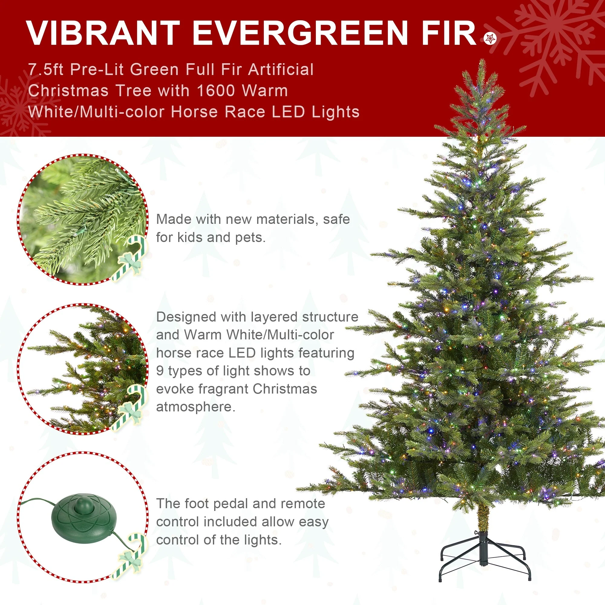 Glitzhome 7.5ft/9ft Pre-Lit Full Fir Artificial Christmas Tree w/Foot Pedal & Remote Control Simple Setup