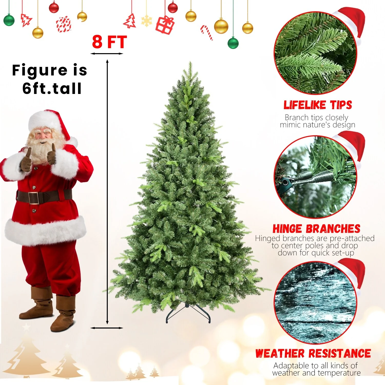 8FT/9FT Premium Spruce Artificial Xmas Tree with 2535/3509 PE & PVC Branch Tips, Hinged Branches & Foldable Base