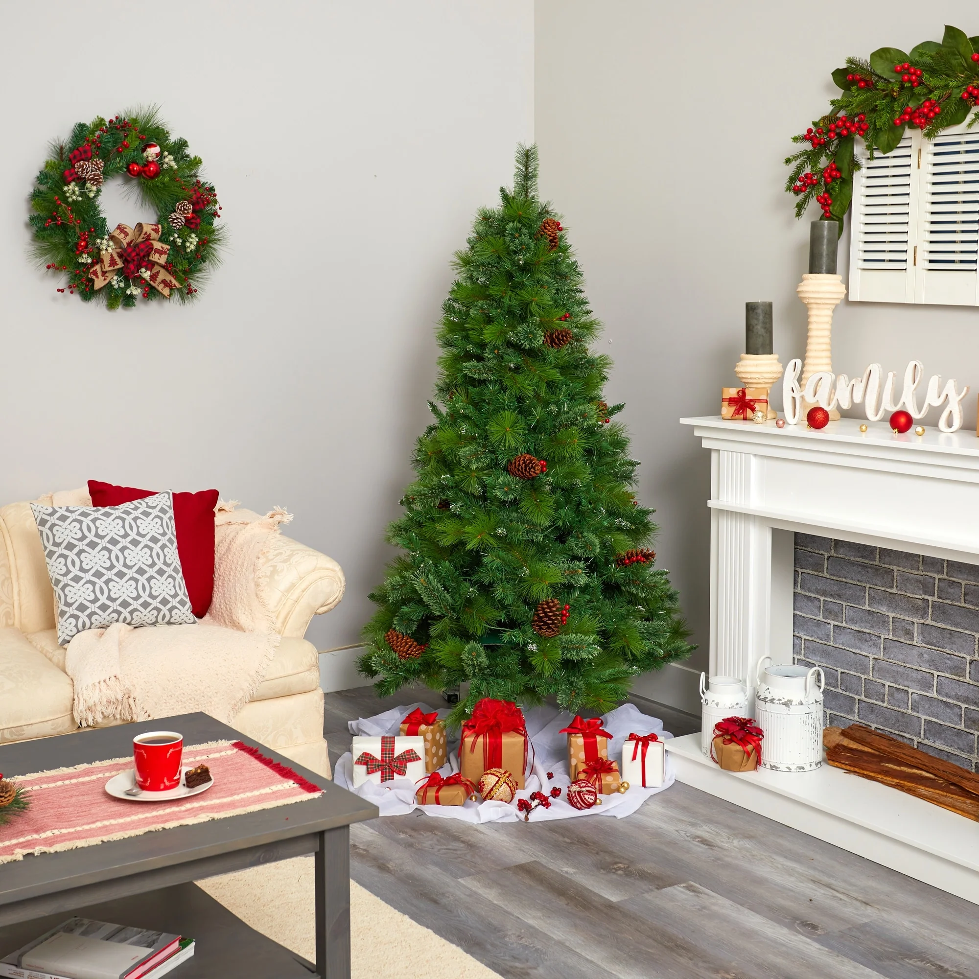 6’ Pre-Lit Montana Pinecones Berries Artificial Christmas Tree, Warm Clear LED Lights - 6 Foot