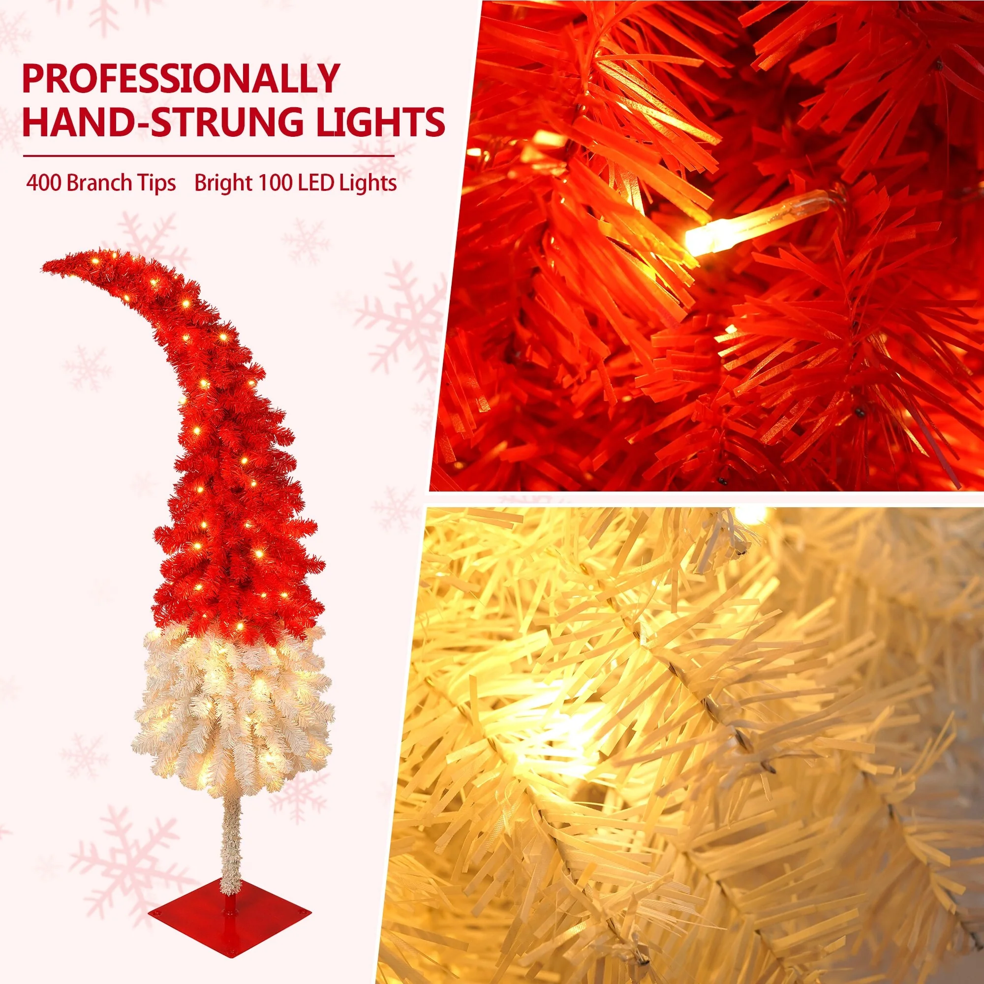 5FT Bent Top Santa Hat Christmas Tree, Artificial Fir with 100 Warm LEDs, Hinged Design for Easy Setup, 400 Branch Tips