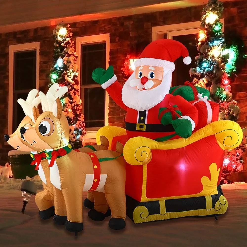 Joyfy 6ft Long Inflatable Santa on Sleigh with 2 Reindeer, LED-lit for Outdoor Christmas Décor