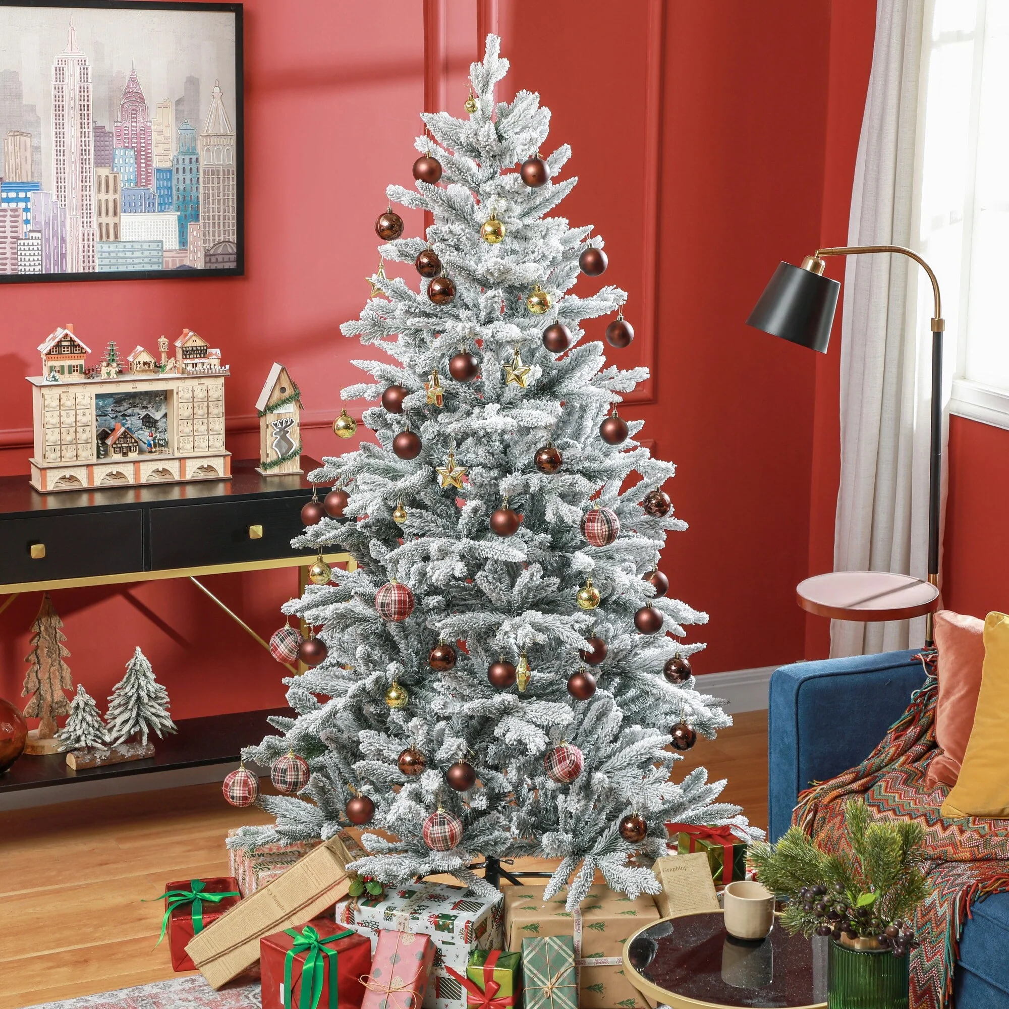 6ft Snowy Artificial Christmas Tree with 994 Tips and Hinged Design, Realistic Snow Flocked Xmas Tree, Metal Stand Included
