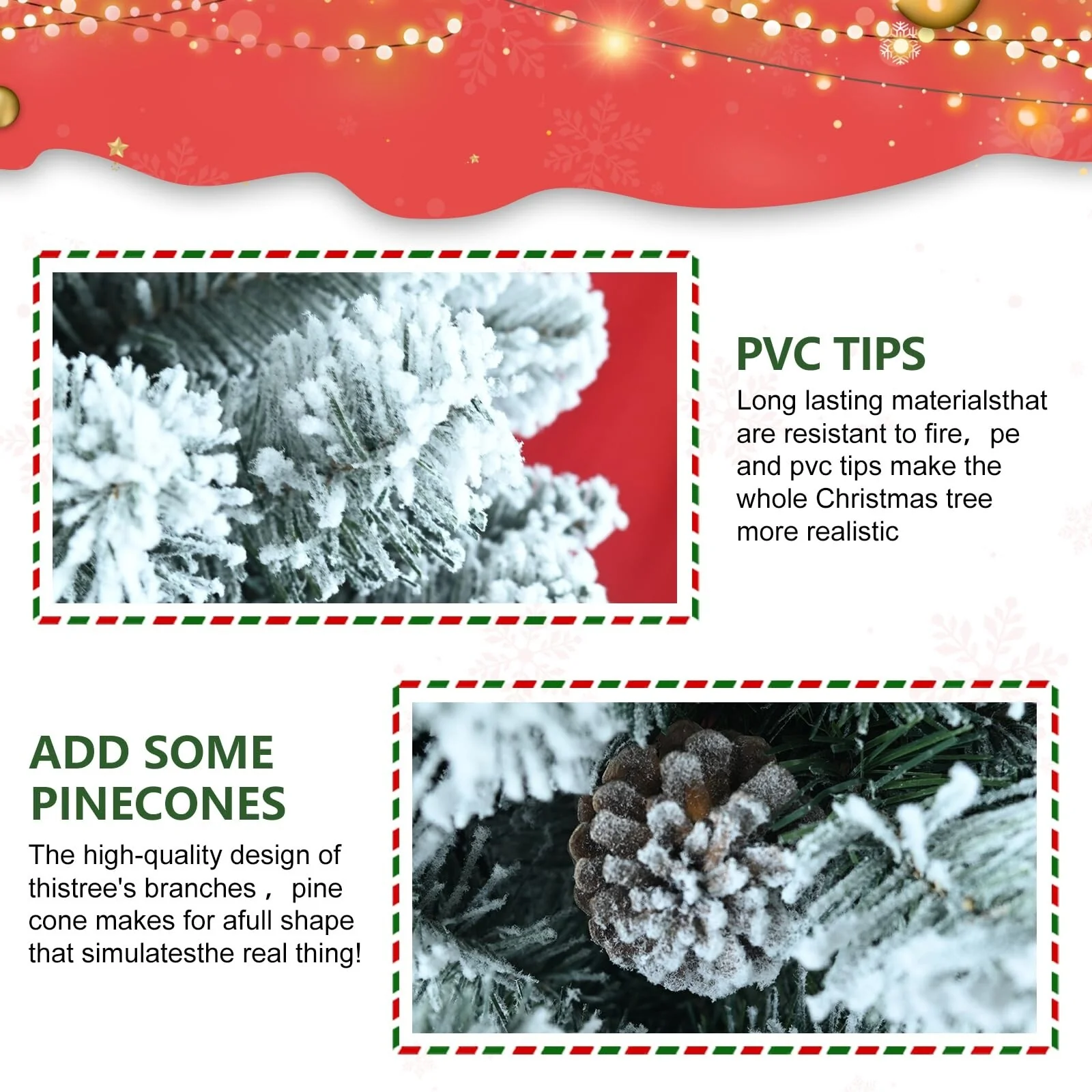 Snow-Flocked Christmas Tree with Pine Cones, Hinged Branches, Prelit, Metal Stand - 6ft to 9ft Sizes