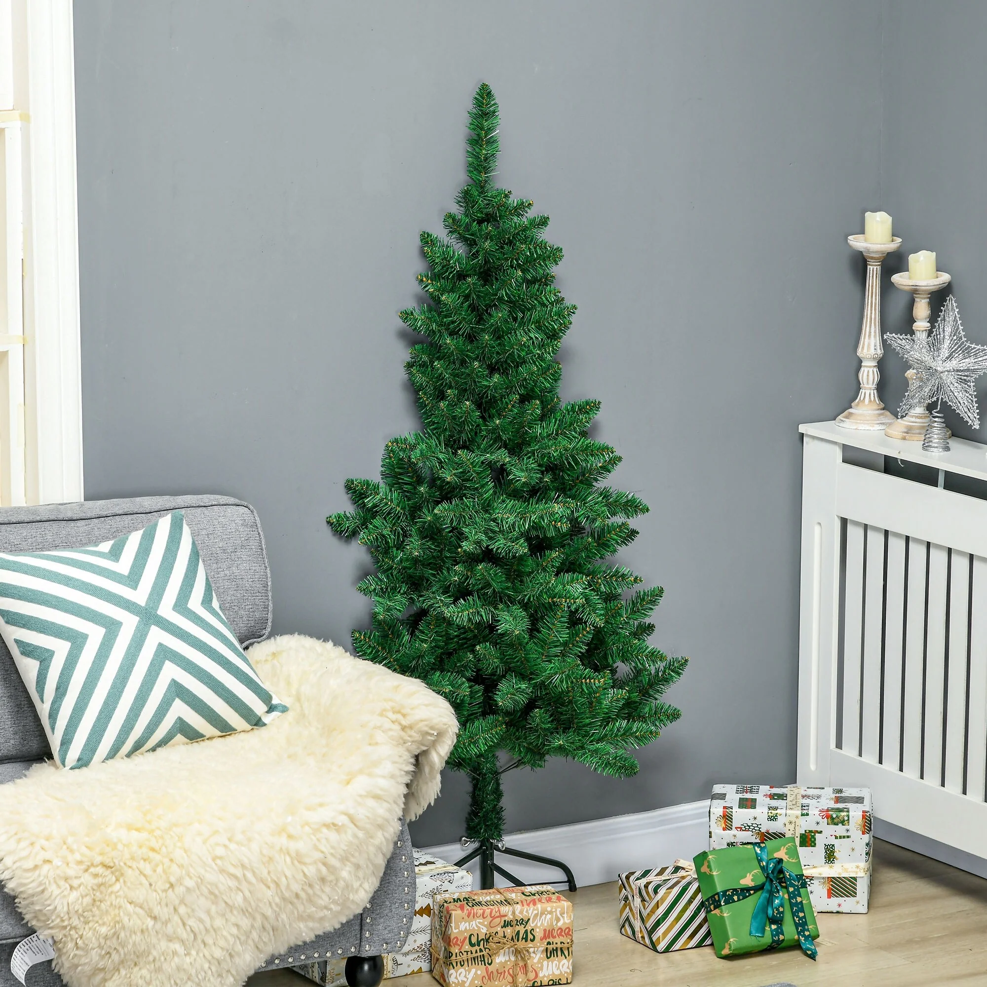 Space-Saving 5ft/7ft Half Christmas Tree, Unlit Artificial Tree with Steel Base and Wall-Fit Design