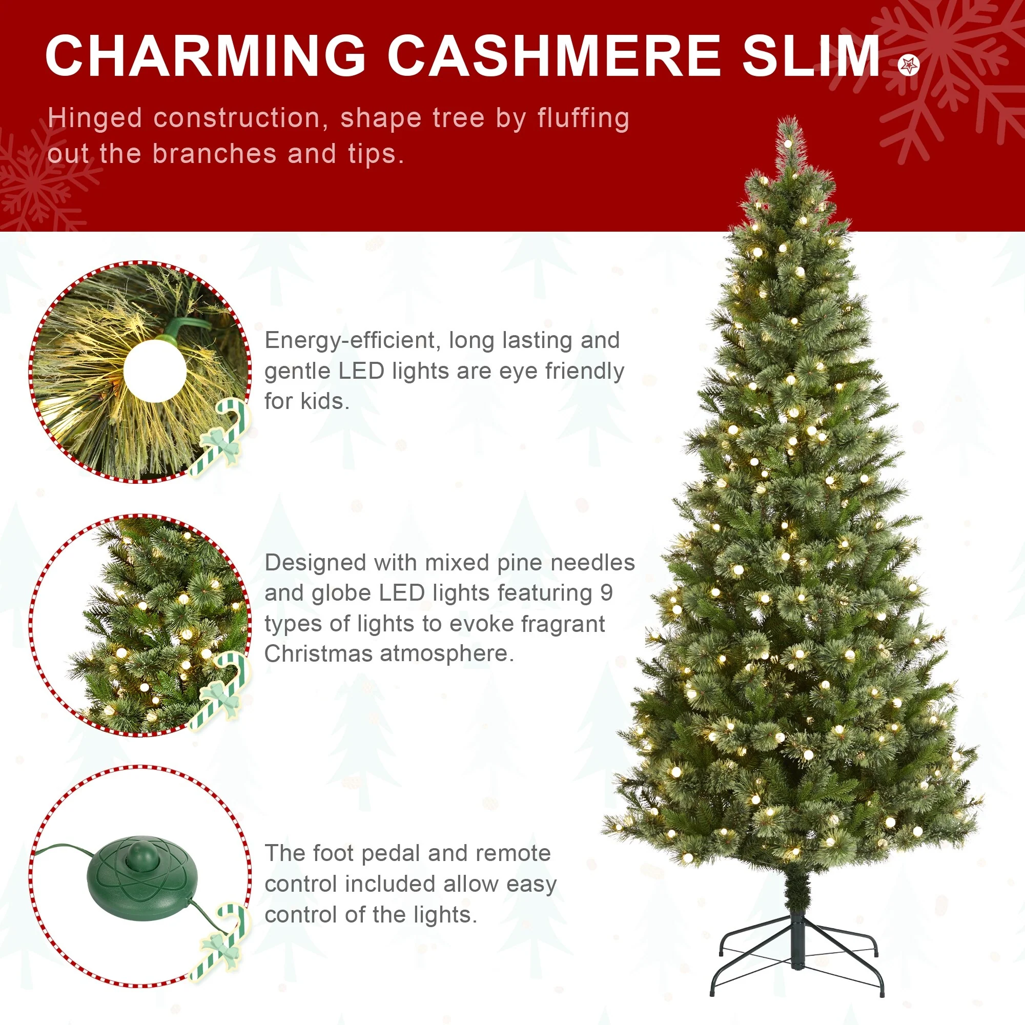 Glitzhome 7.5ft/9ft Pre-Lit Green Slim Pine Artificial Christmas Tree with Foot Pedal & Remote Control