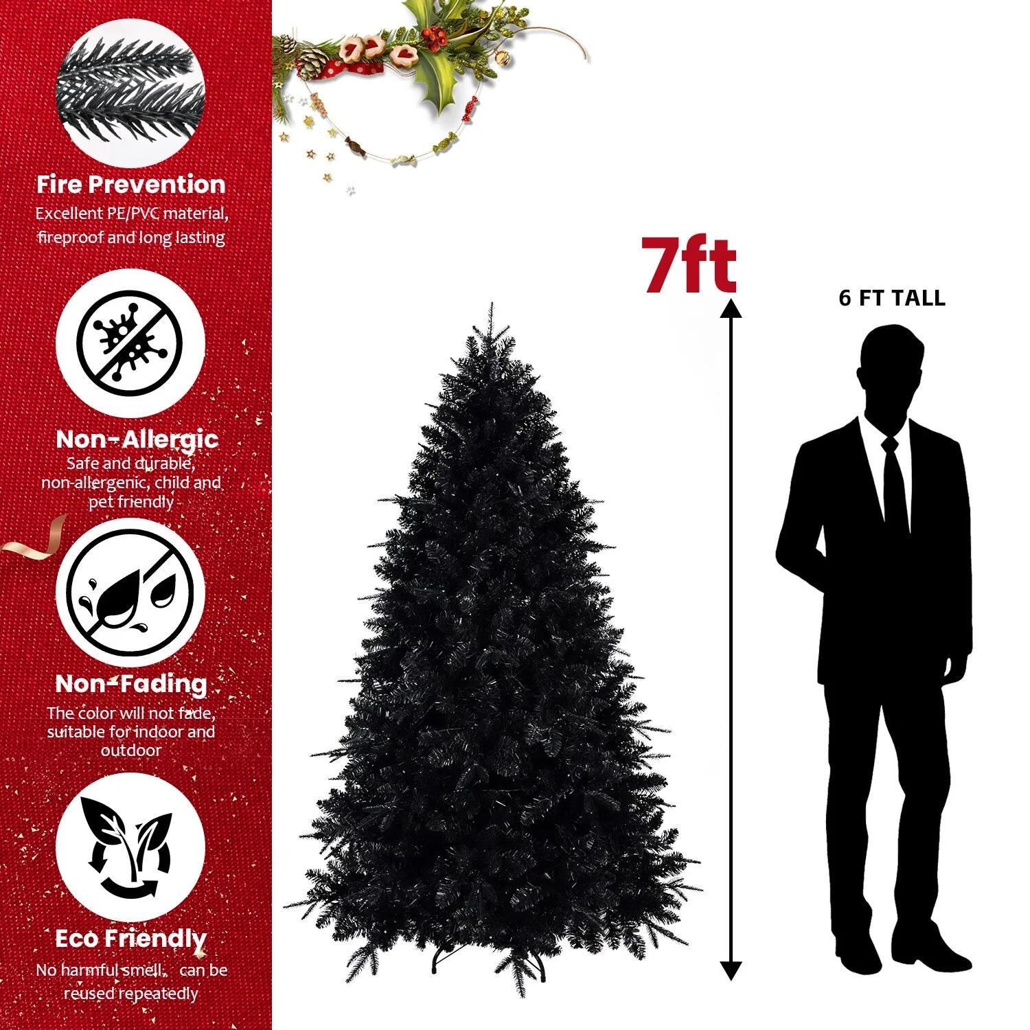 7.5ft Black Christmas Tree with 500 Pre-Strung Incandescent Lights, Full Shape with 2156 Tips, Metal Hinges, and Sturdy Base