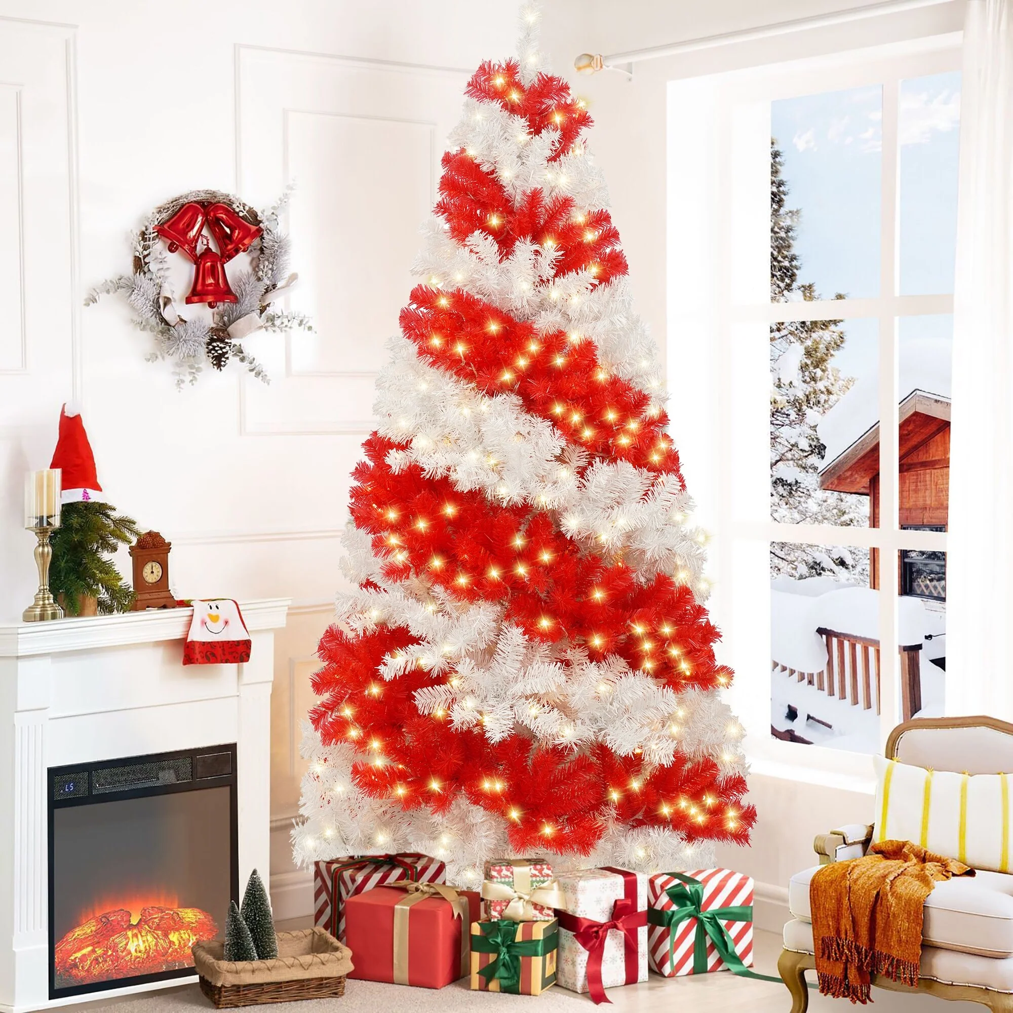 Festive 6ft Candy Cane-Inspired Christmas Tree, Pre-lit with 300 LEDs, Ideal for Indoor Holiday Decoration