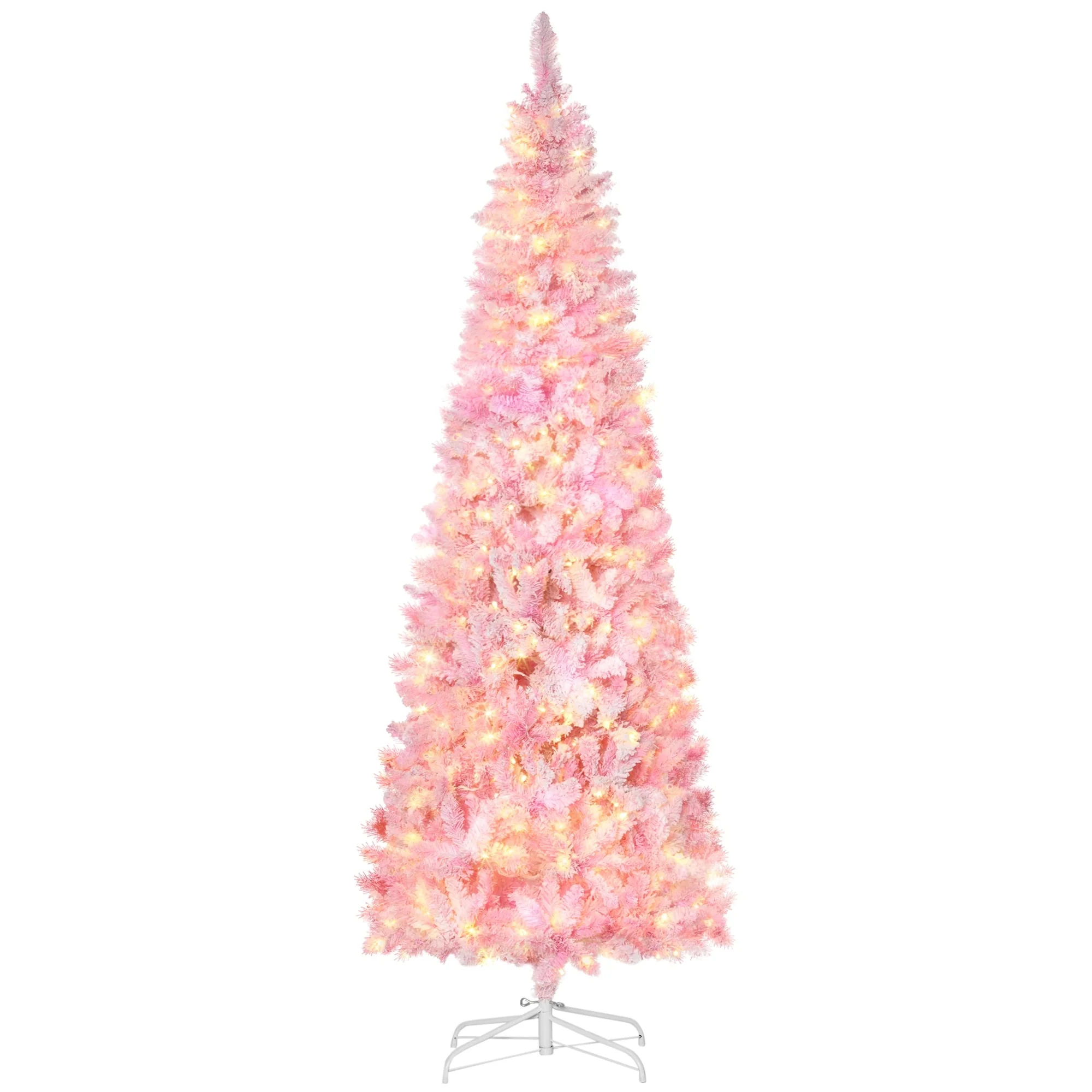 Prelit 6ft/7.5ft Snow-Flocked Pencil Christmas Tree, Warm White LED Lights, Auto-Open, Pink Pine Look for Holiday Decor