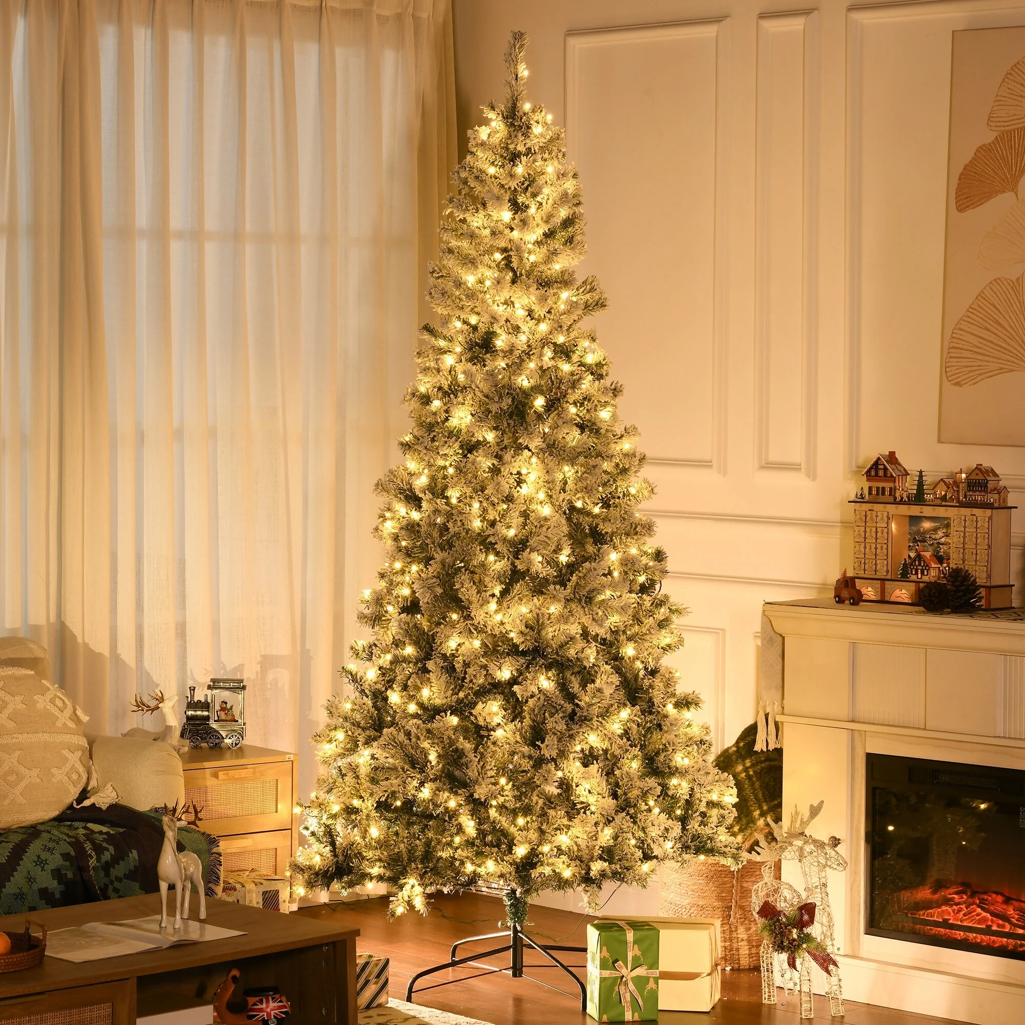 7.5ft Tall Prelit Snow-Flocked Christmas Tree with Auto Open, 500 LED Lights, & Realistic Branches