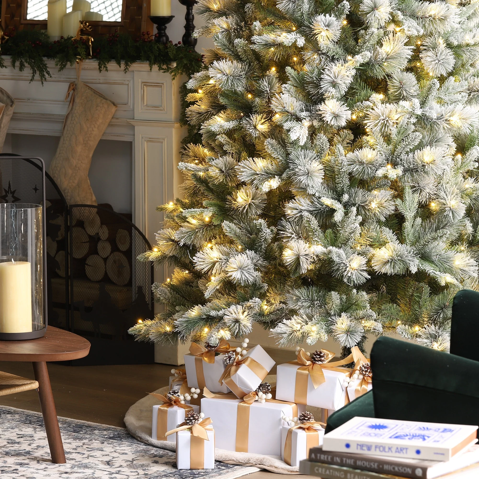 Glitzhome 7.5ft/9ft/11ft Pre-Lit Flocked Slim Pine Artificial Christmas Tree w/ Foot Pedal & Remote Control