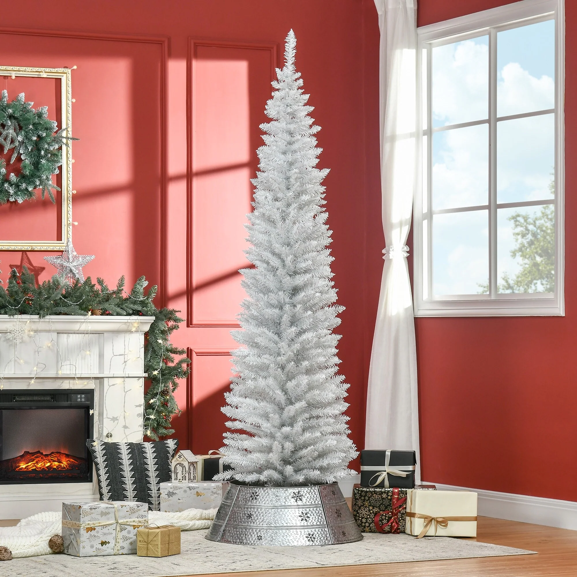 Slim 6FT/7FT Pencil Christmas Tree, Space-Saving Unlit Artificial Xmas Tree with Realistic Branches