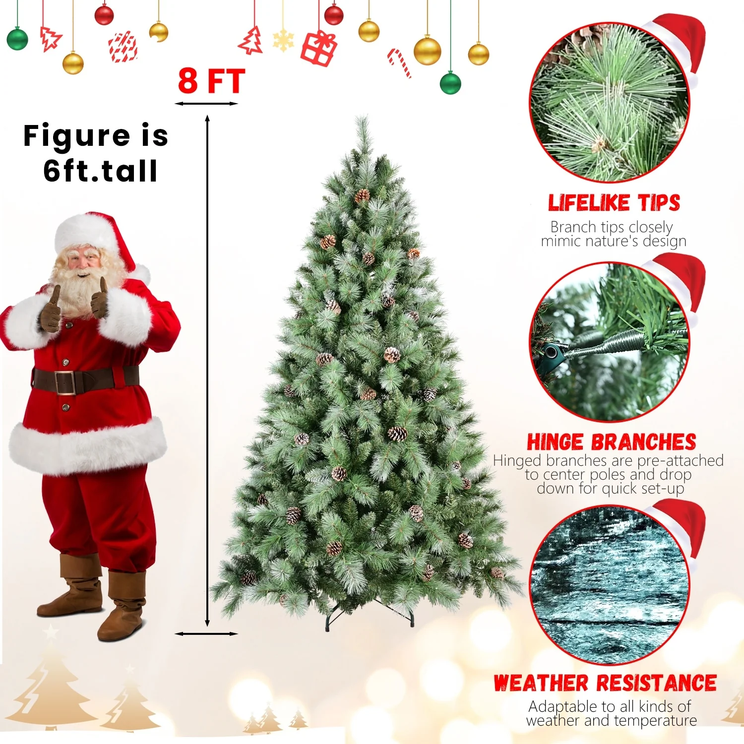 Premium 7.5FT Pre-Decorated Scotch Pine Christmas Tree with Frosted Branches and Natural Pine Cones, 450 LED Lights