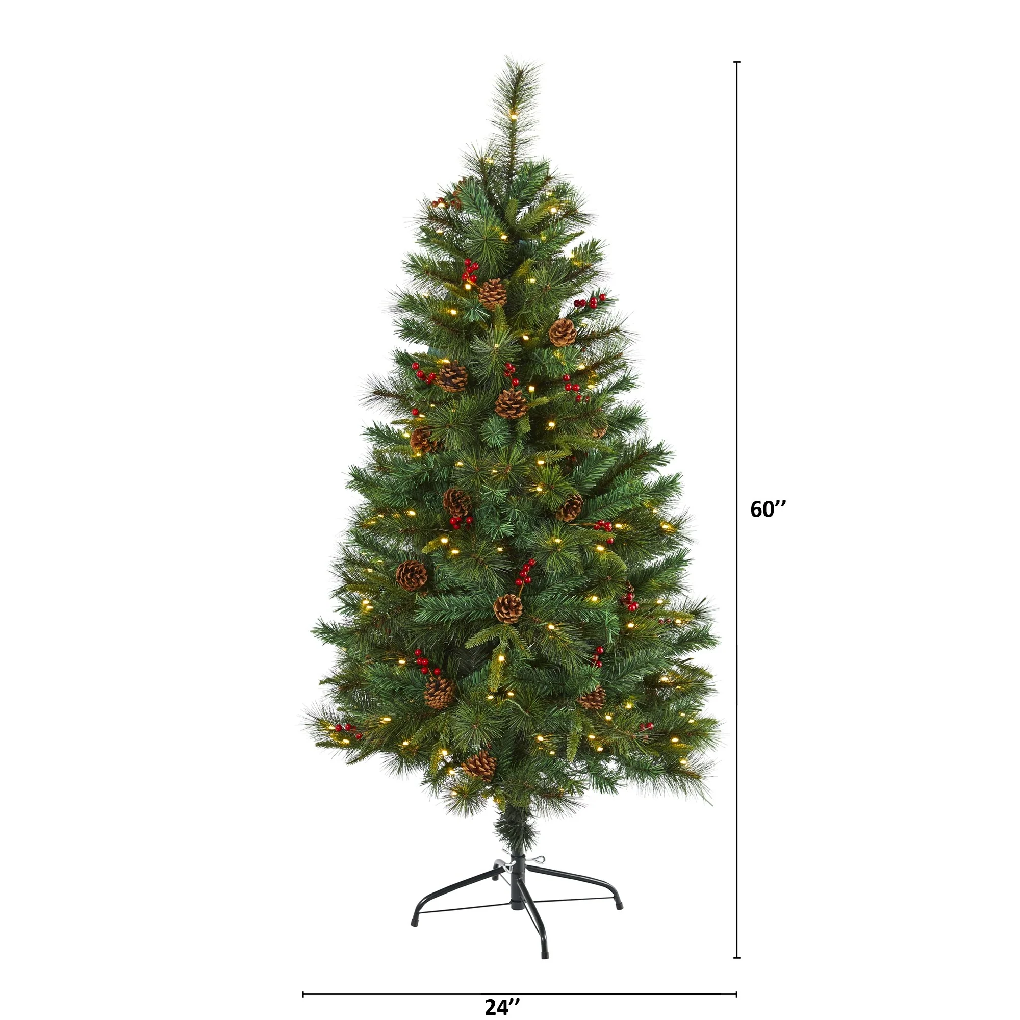 5’ Pinecone & Berry Pine Artificial Christmas Tree, Clear LED Lights - 5 Foot