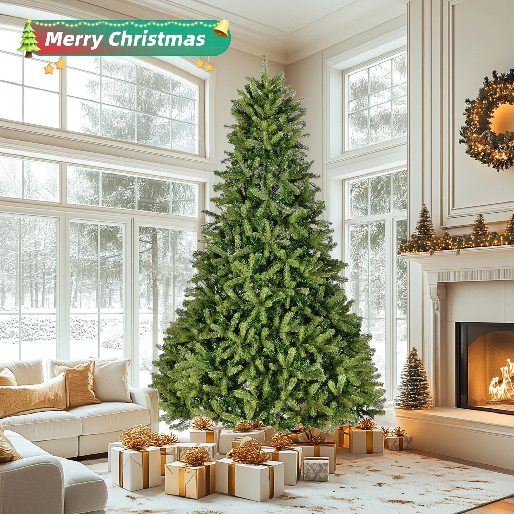 9FT Artificial Christmas Tree, 2576 Mixed PE & PVC Branch Tips, Unlit, Hinged Full-Bodied Spruce, Easy Assembly & Metal Stand