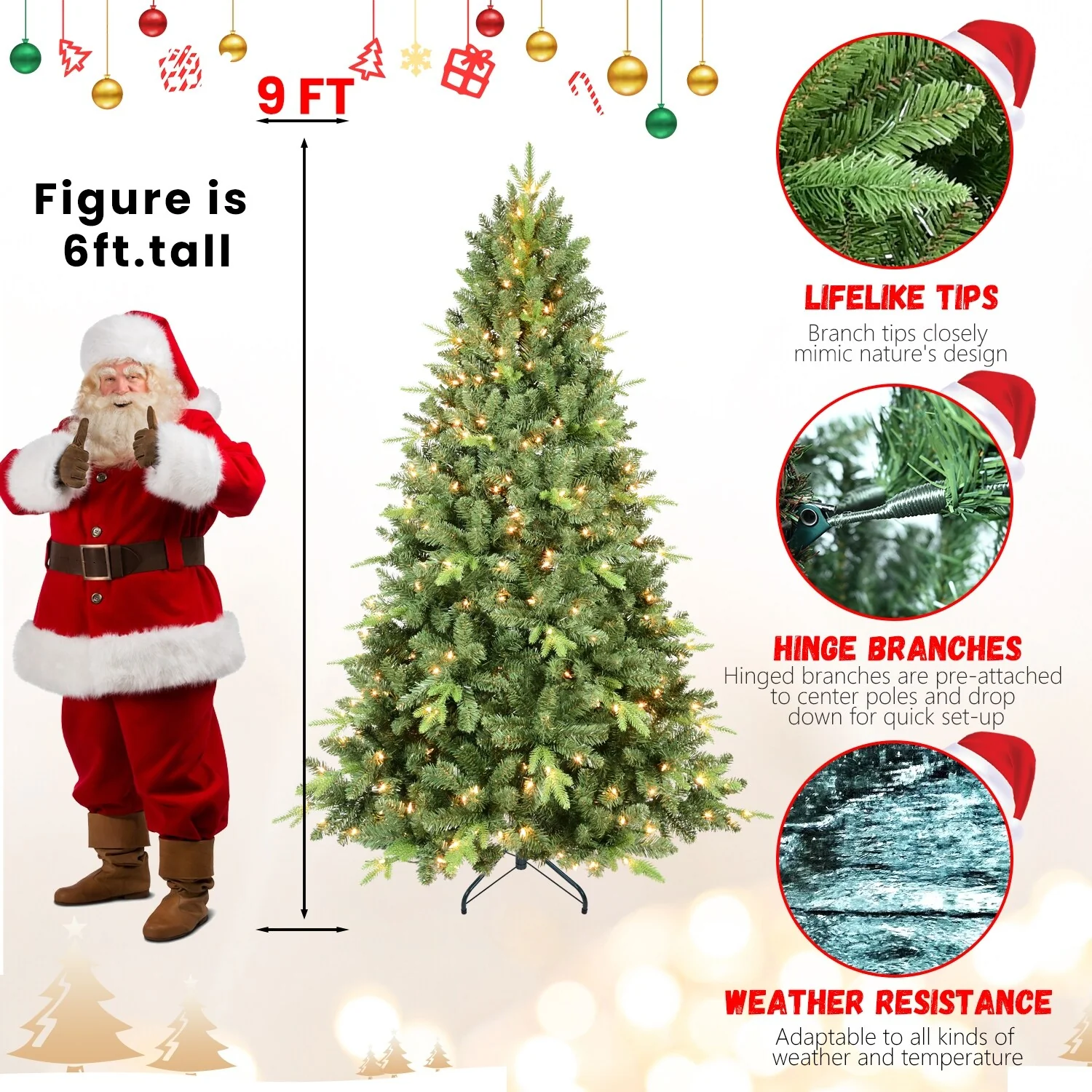 9FT Premium Artificial Christmas Tree, Prelit Hinged Spruce with 3,509 Tips, Metal Stand, and Easy Assembly