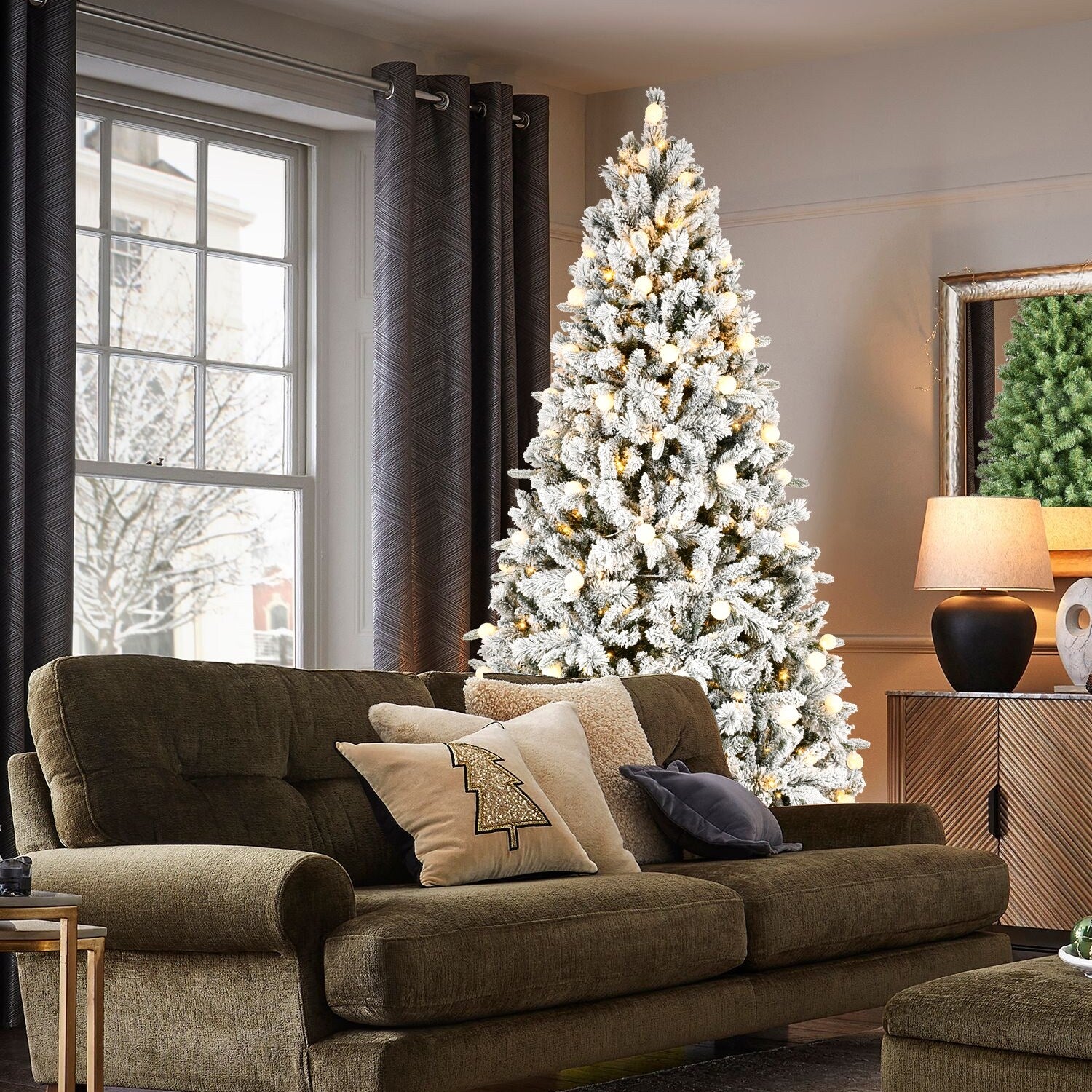 8ft Artificial Snow-Flocked Christmas Tree with LED Lights, Memory Wire, and Easy Power Setup