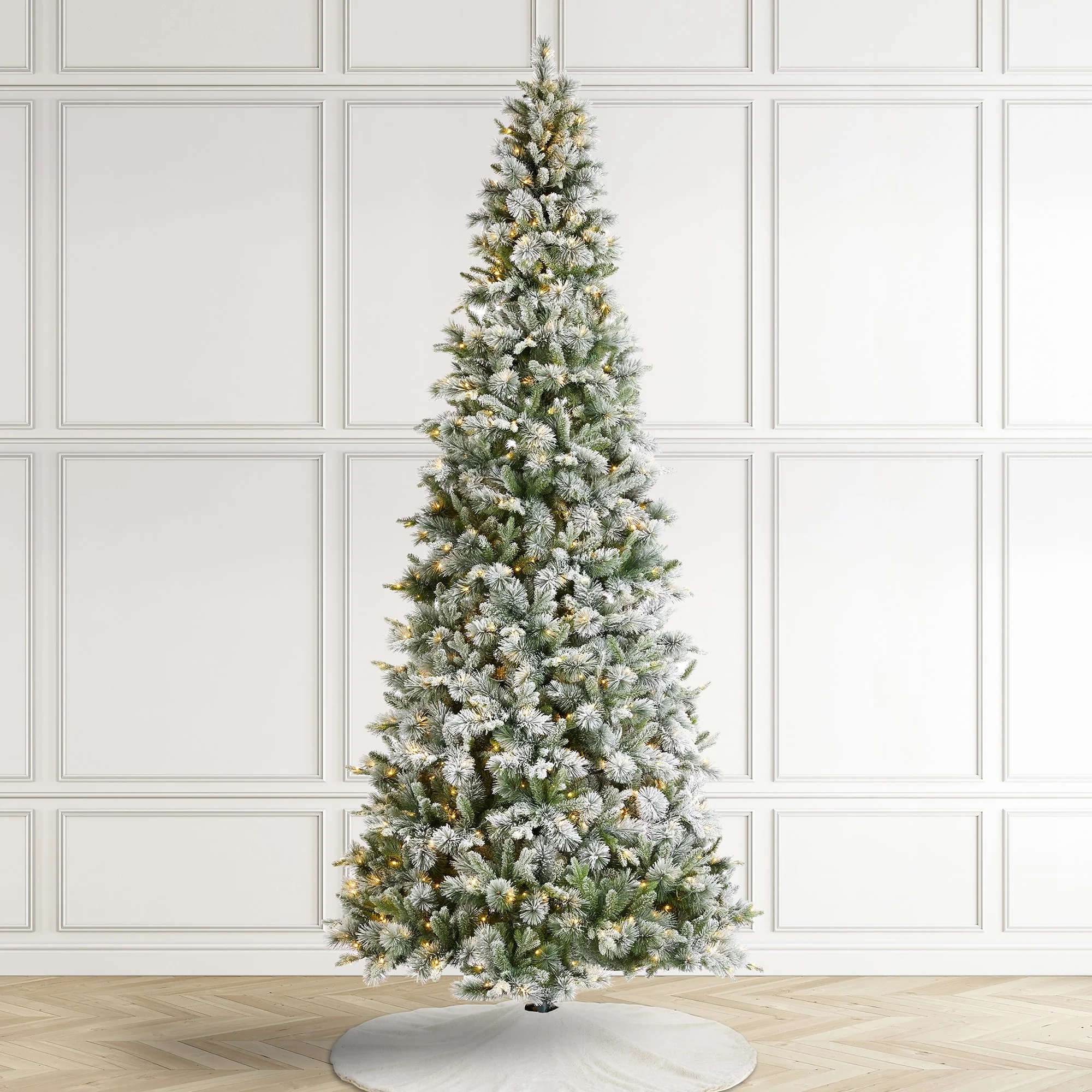 Glitzhome 7.5ft/9ft/11ft Pre-Lit Flocked Slim Pine Artificial Christmas Tree w/ Foot Pedal & Remote Control