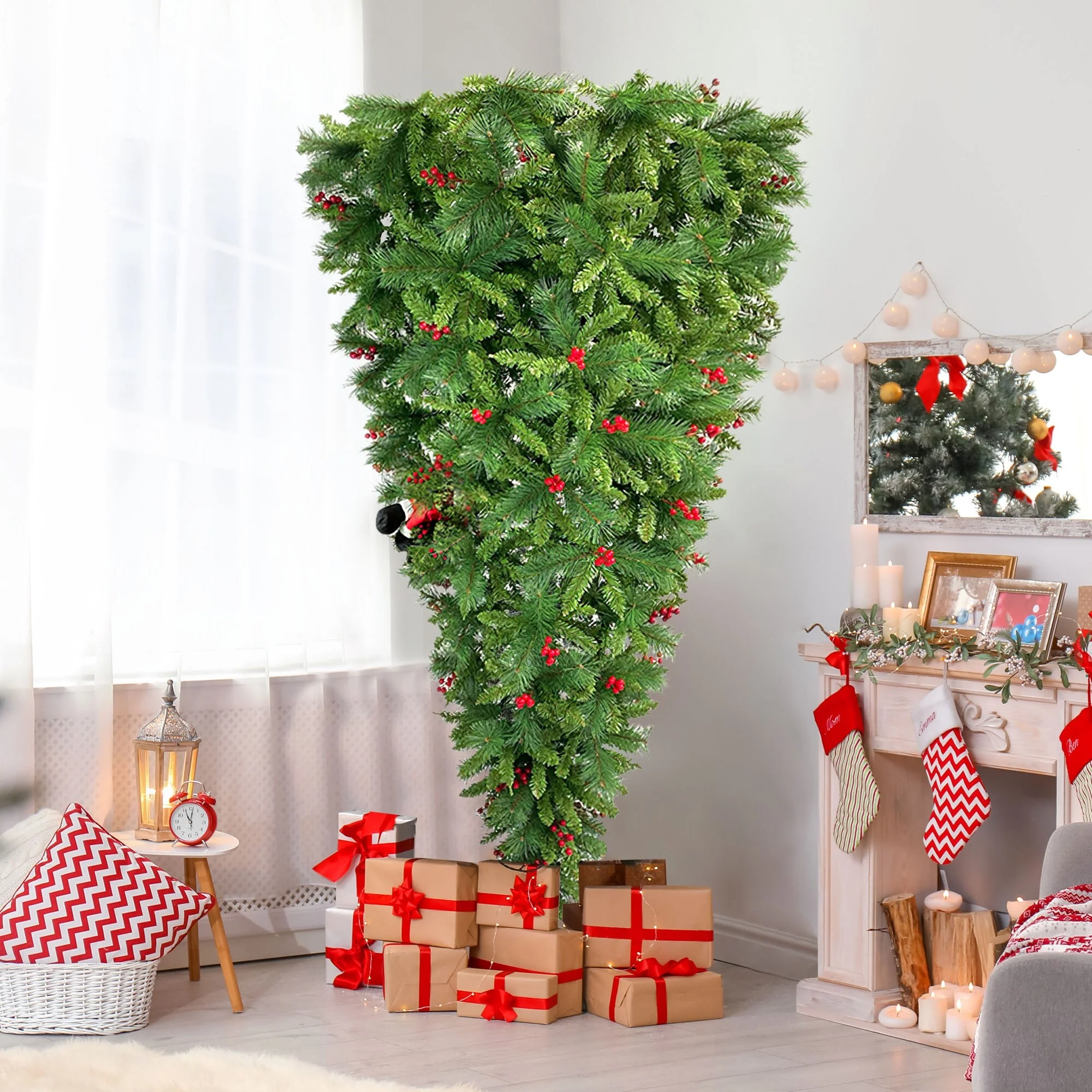 7.5FT Upside Down Christmas Tree with Santa's Legs, Artificial Berries & PVC Pine Needles for Festive Holiday Decor