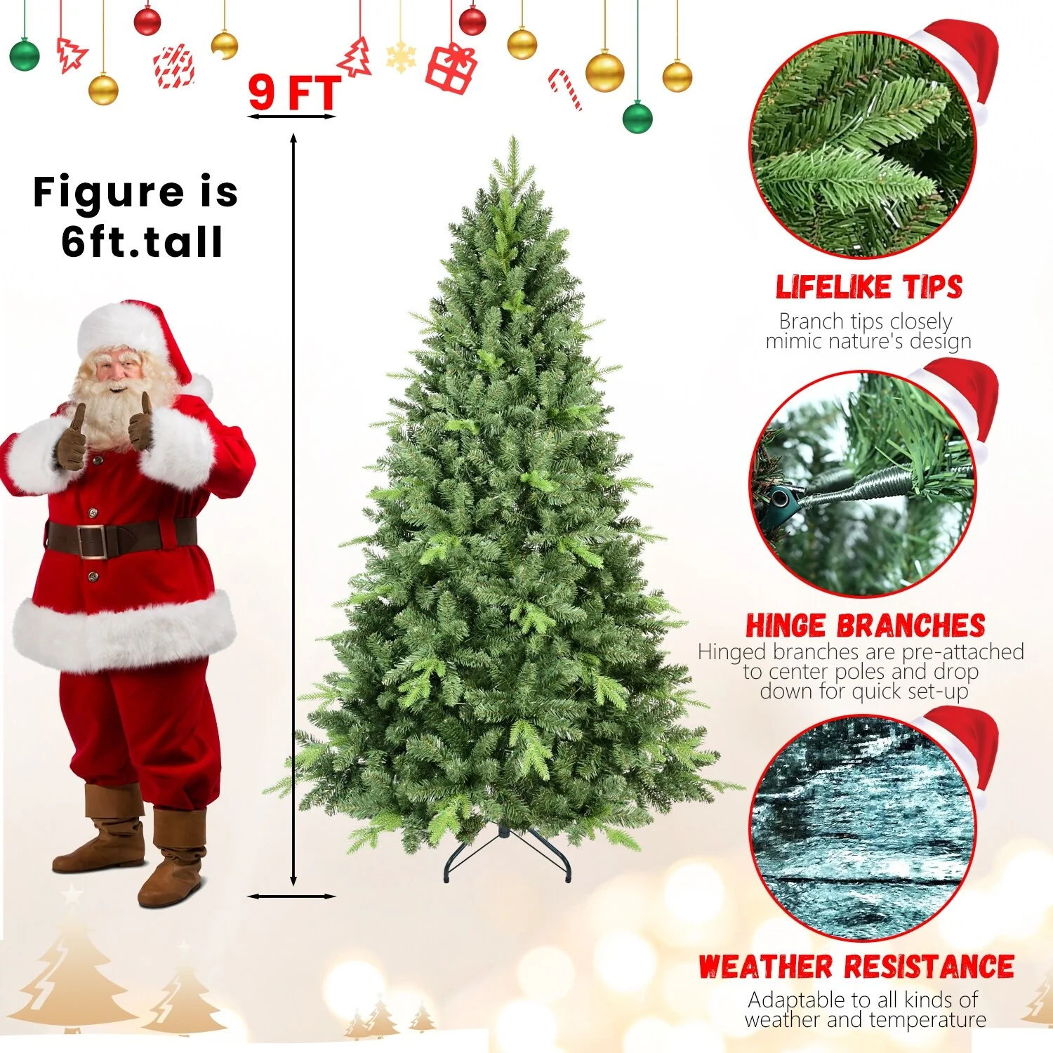9ft Premium Spruce Artificial Christmas Tree, Unlit with 3509 PE & PVC Tips, Hinged Branches, Foldable Base