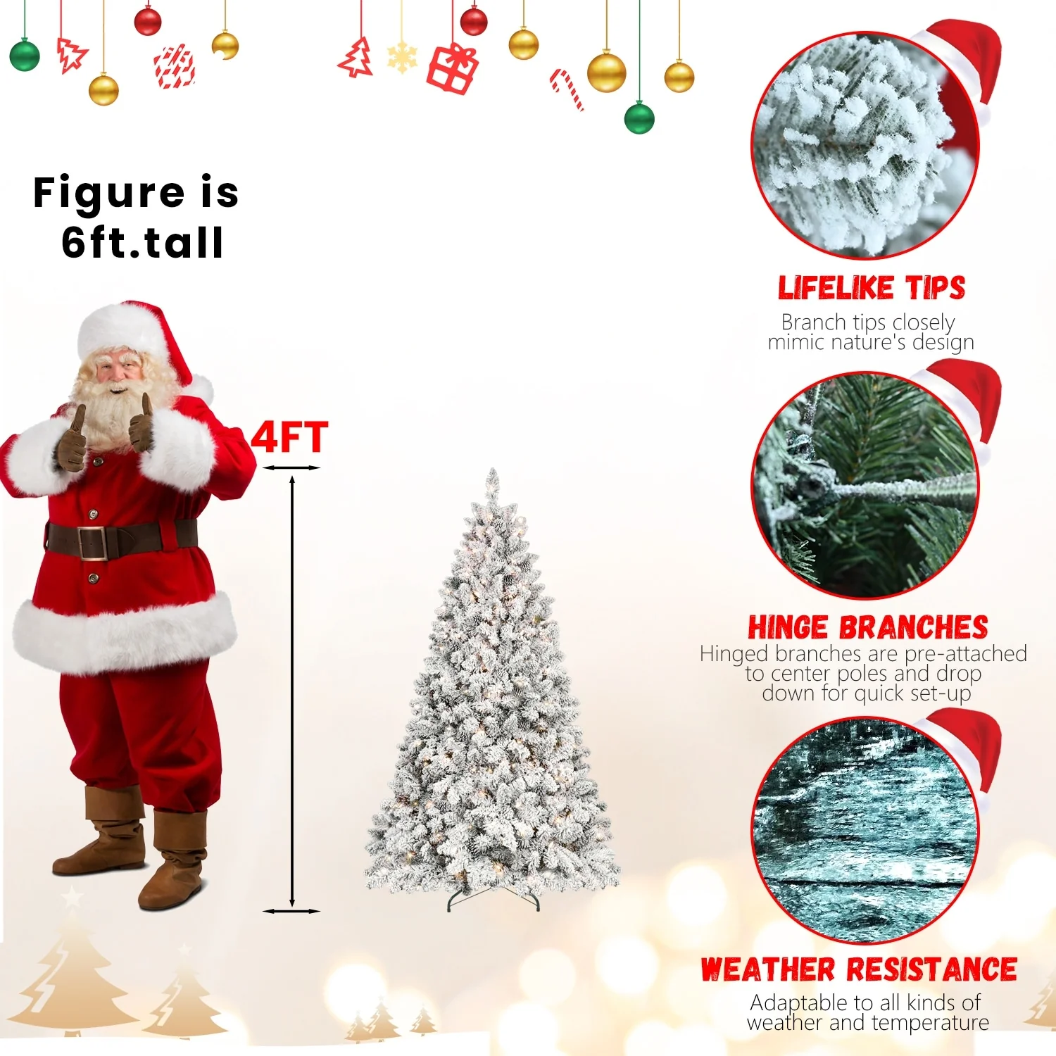 Snow-Flocked Christmas Tree with Pine Cones, Hinged Branches, Prelit, Metal Stand - 6ft to 9ft Sizes