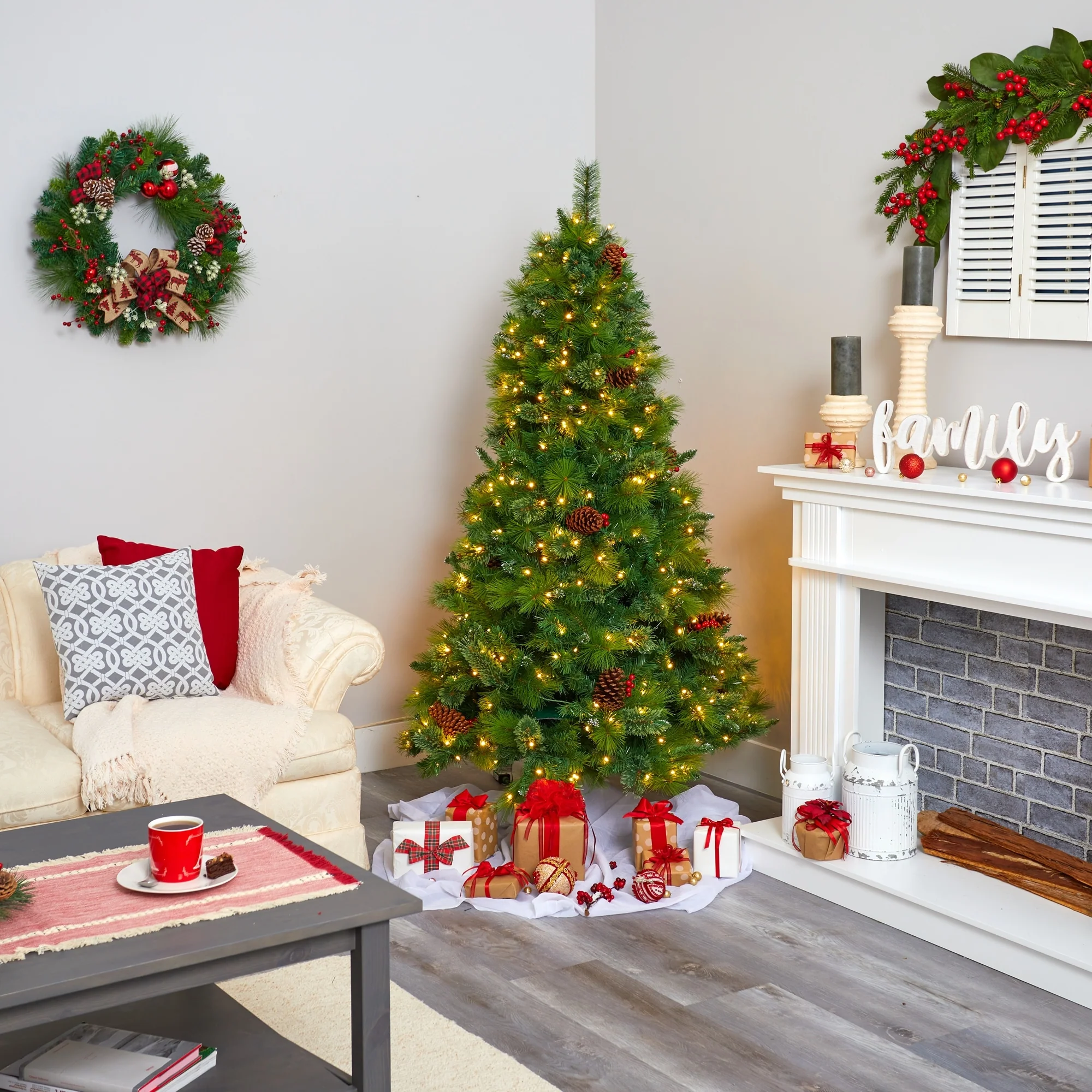 6’ Pre-Lit Montana Pinecones Berries Artificial Christmas Tree, Warm Clear LED Lights - 6 Foot