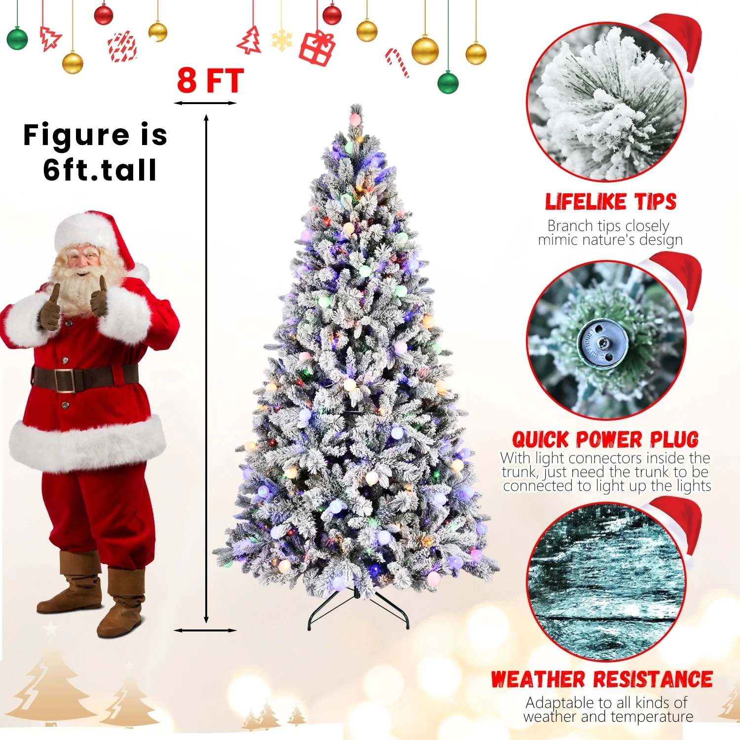 8ft Artificial Snow-Flocked Christmas Tree with LED Lights, Memory Wire, and Easy Power Setup
