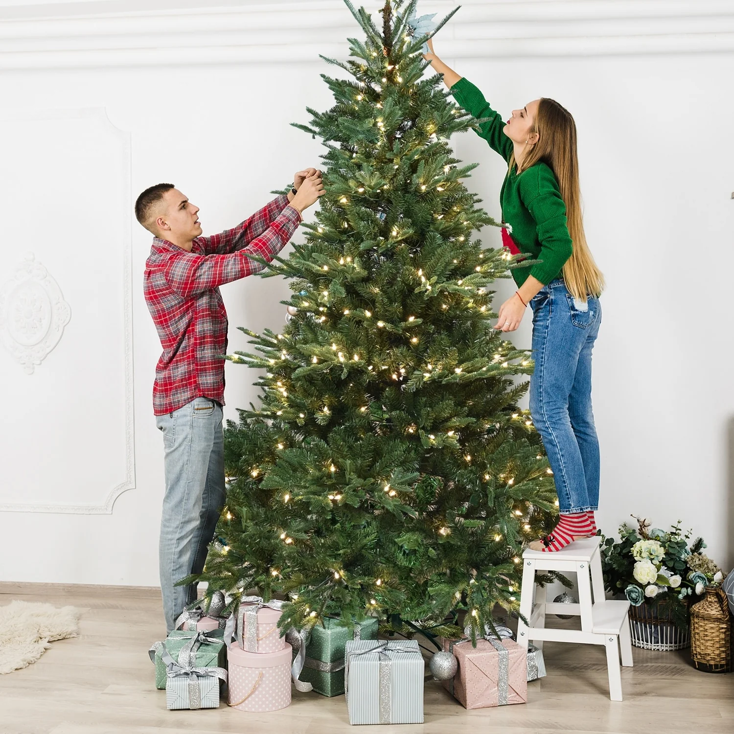 Premium 7FT Artificial Spruce Christmas Tree with 2257 Branch Tips, Durable PE+PVC Material, Easy Assembly for Holiday Decor