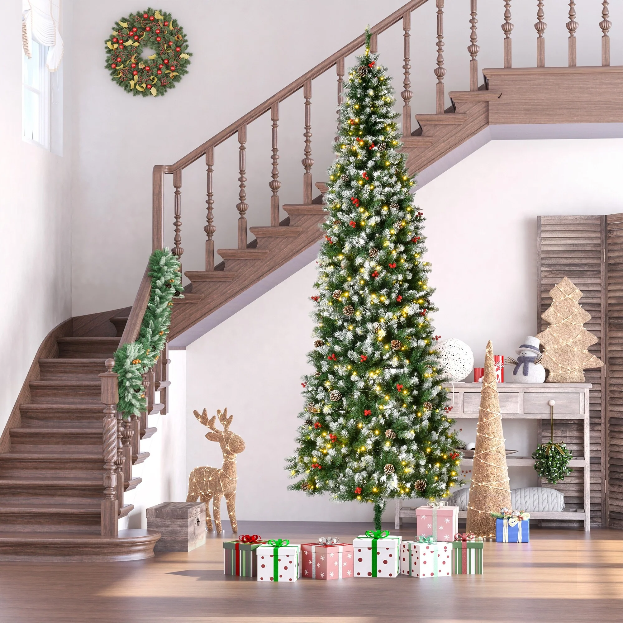 Realistic Snow-Flocked Artificial Christmas Tree,Pre-Lit with LED Lights,Pine Cones & Red Berries,Available in 6ft, 7.5ft & 9ft