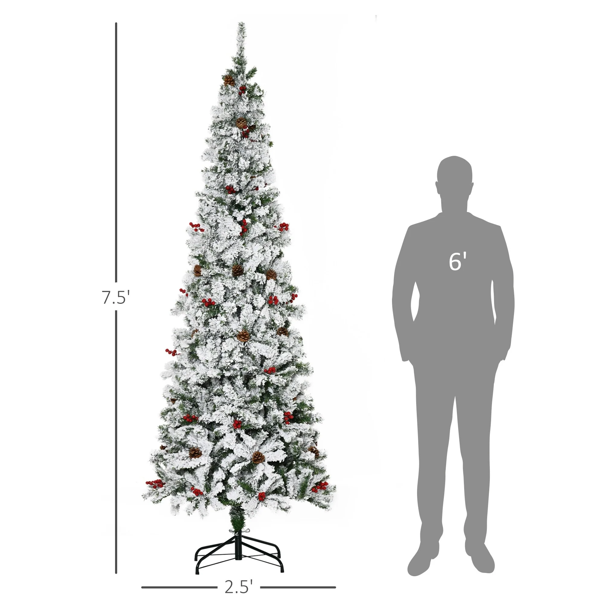 Unlit 6ft/7.5ft Snow-Flocked Pencil Christmas Tree, Pine with Realistic Branches, Pine Cones, and Red Berries
