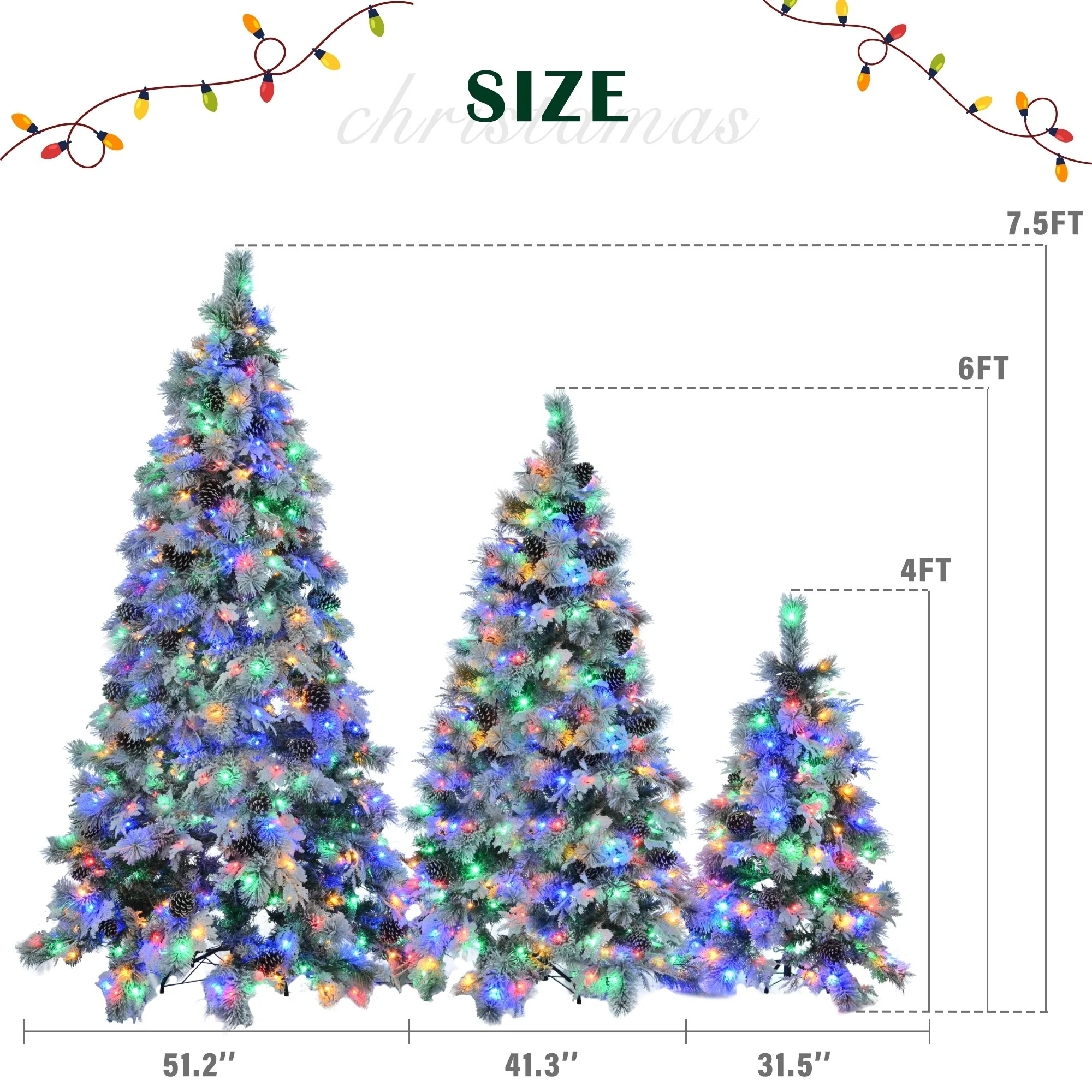 Artificial Pre-Lit Snow Flocked Christmas Tree Set with 820 LED Lights, Pine Cones, & 11 Flashing Modes - 4FT, 6FT, 7.5FT