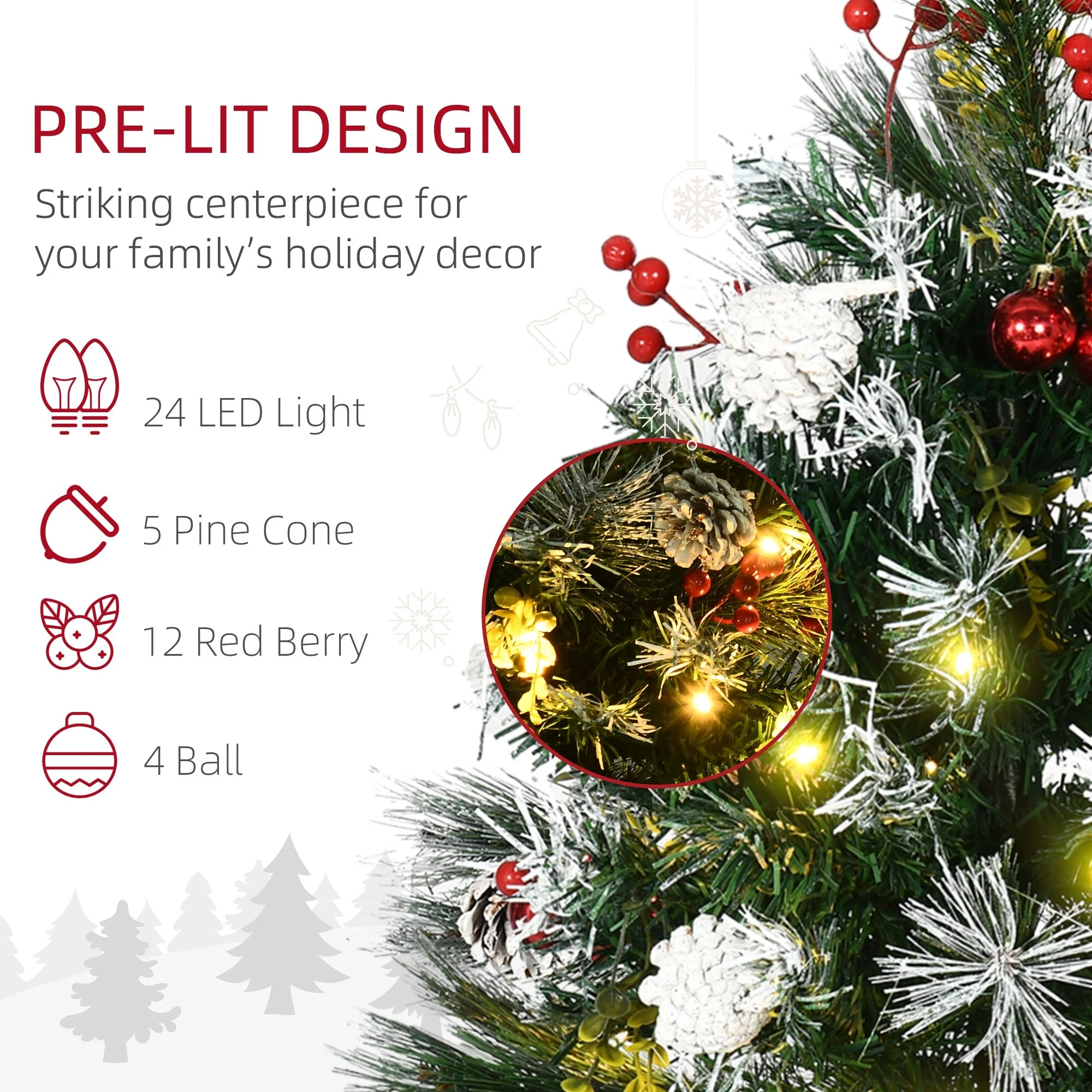 Outdoor 2.5 Ft Artificial Christmas Trees, Pre-Lit 2-Pack with 24 LED Lights, Red Berries, Pinecones & Snow-Dipped Branches