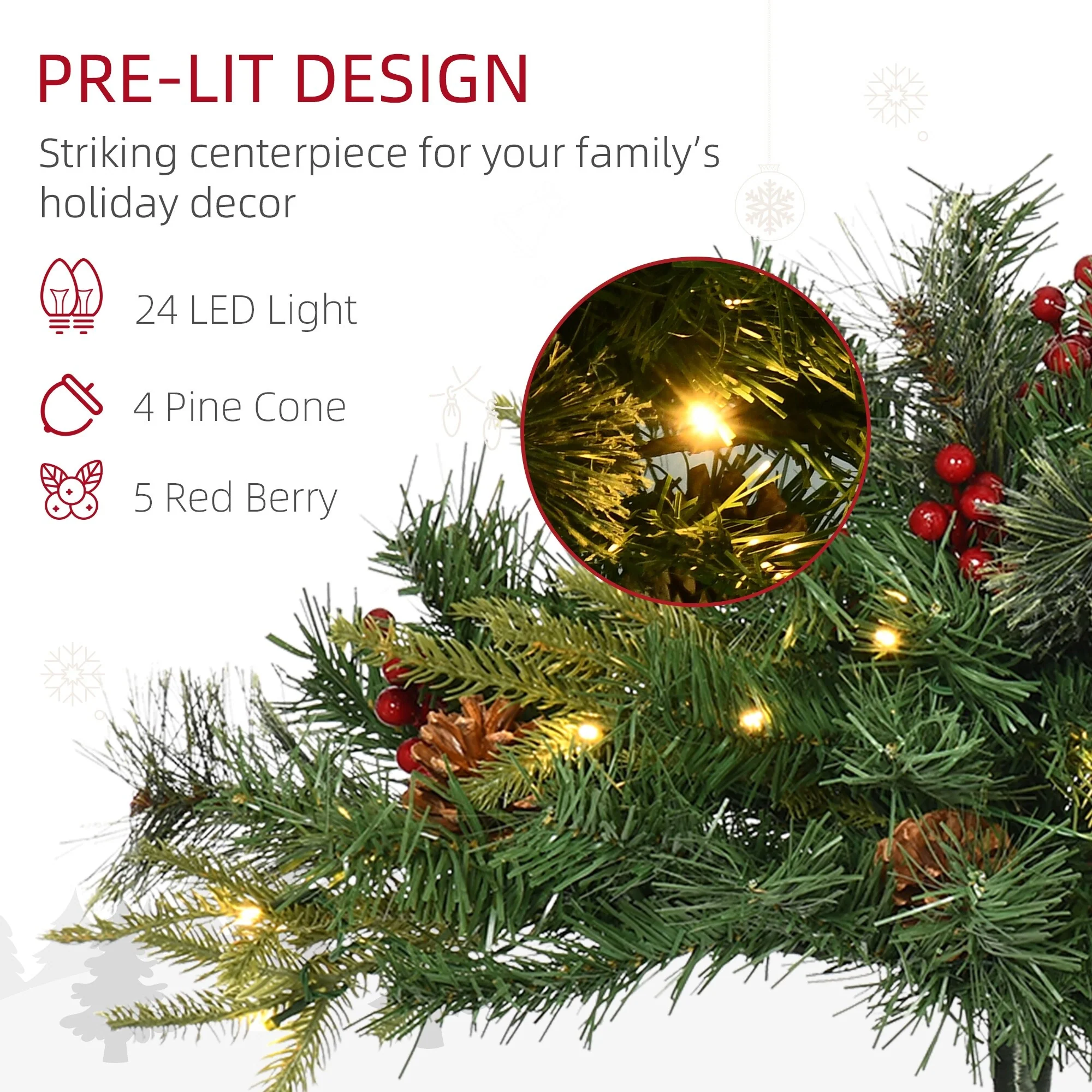 22-inch Prelit Artificial Christmas Trees with LED Lights, Red Berries & Pine Cones for Outdoor Use