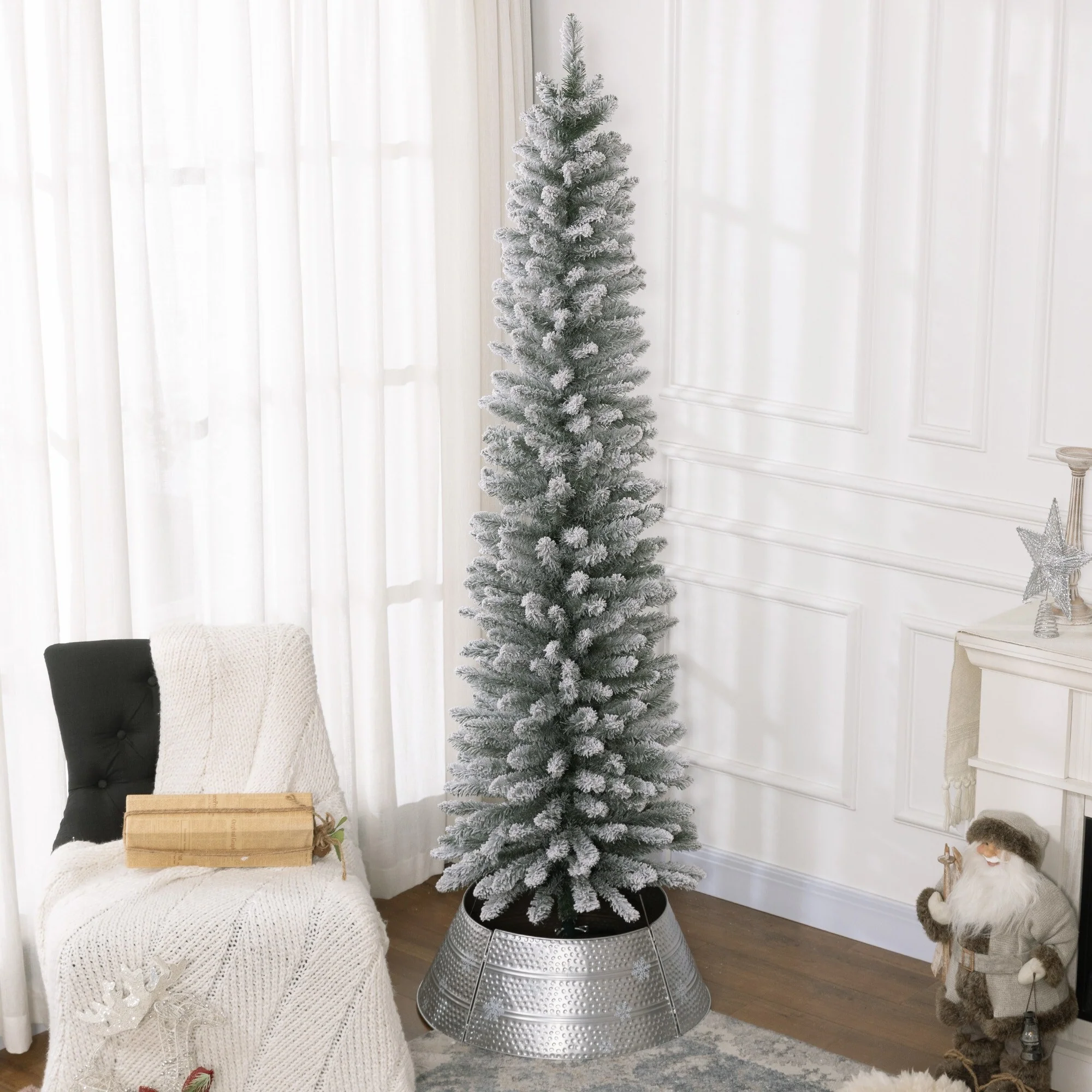 7ft Slim Snow Flocked Pencil Christmas Tree, 405 Tips with Metal Base, Ideal for Small Spaces & Foyers