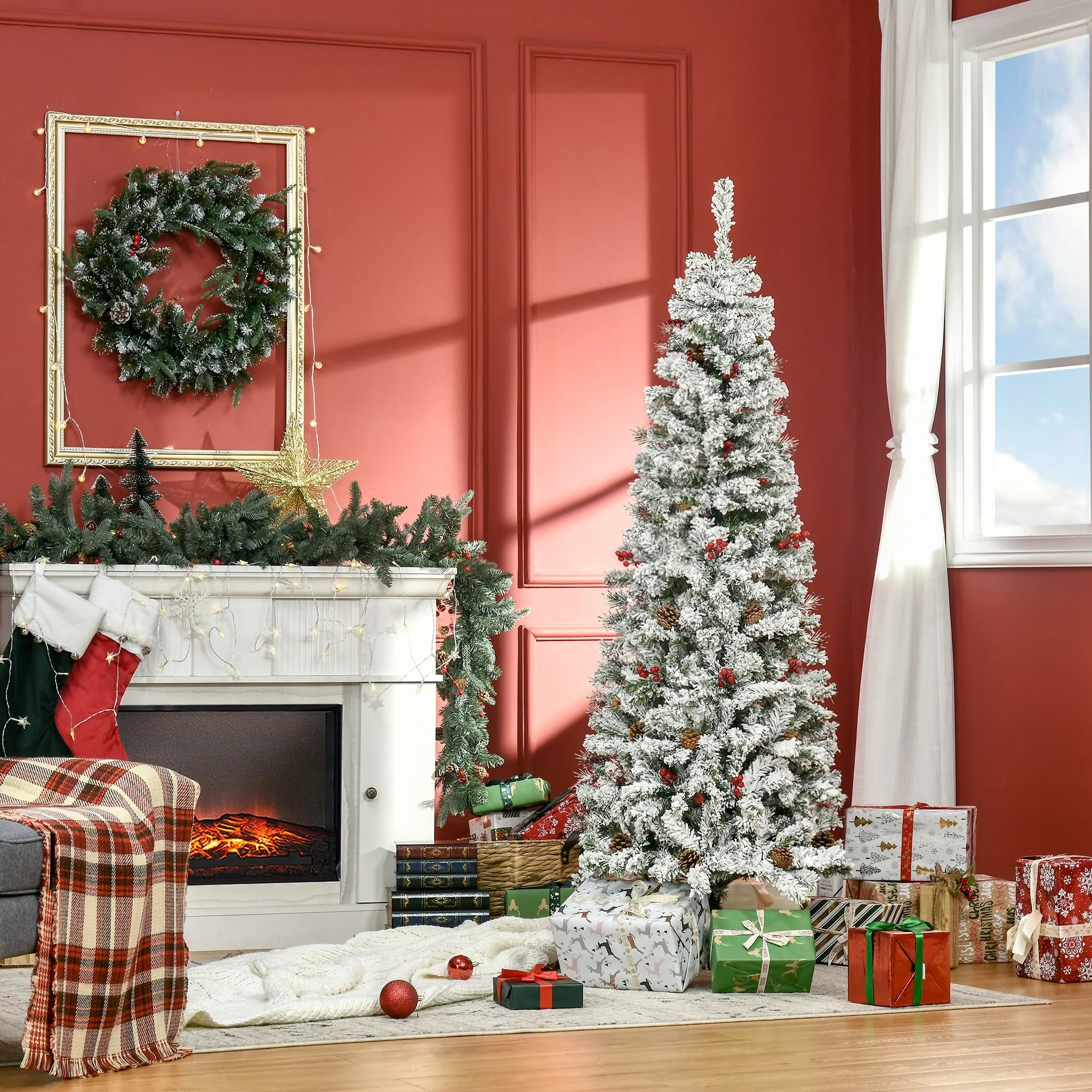 Unlit 6ft/7.5ft Snow-Flocked Pencil Christmas Tree, Pine with Realistic Branches, Pine Cones, and Red Berries