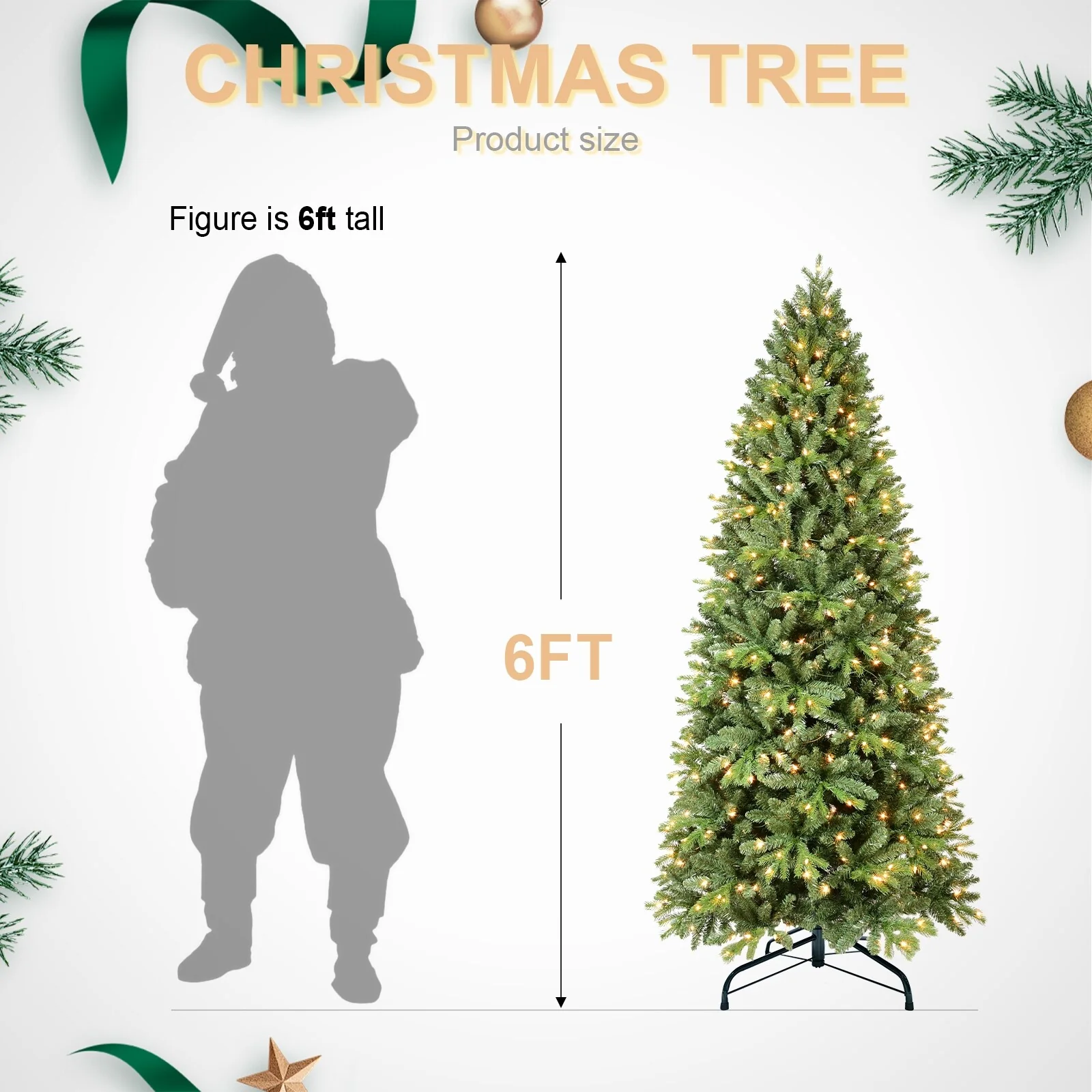 Slim Pre-Lit Christmas Tree with 600-700 Warm White Lights Fire-Resistant Needles and Metal Base Ideal for Indoor Use