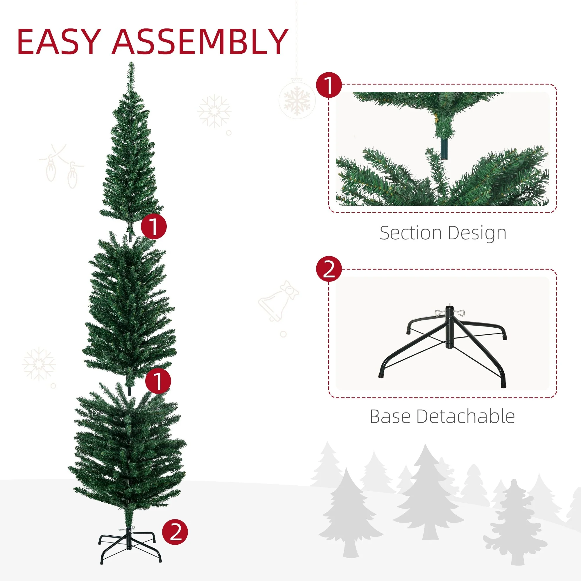 7ft Prelit Pencil Christmas Tree with 180 LED Lights, Slim Profile and Realistic Look