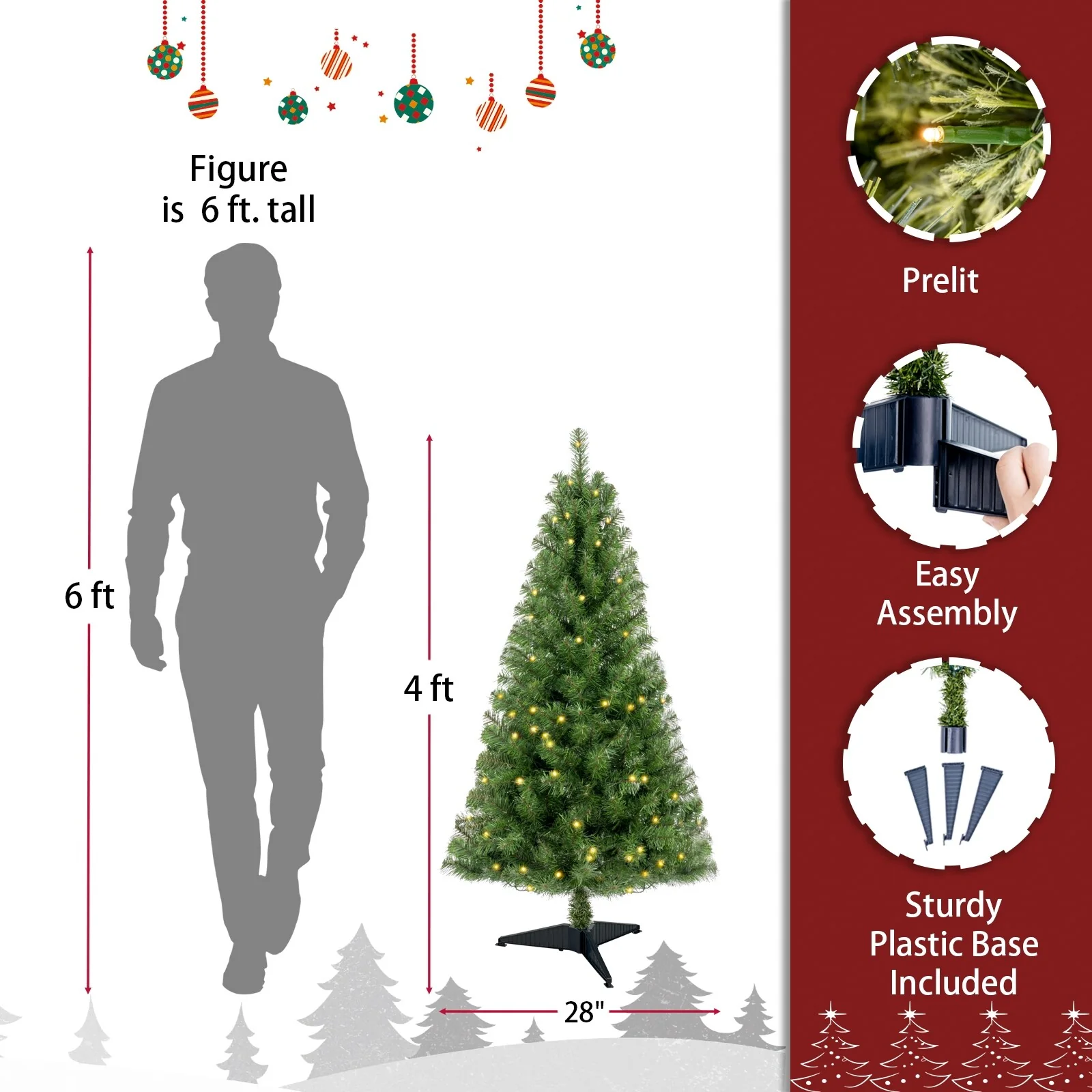 4ft Artificial Christmas Tree with Stand, Pre-Lit with 100 LED Lights, 241 Branch Tips, Durable PVC, Indoor Use