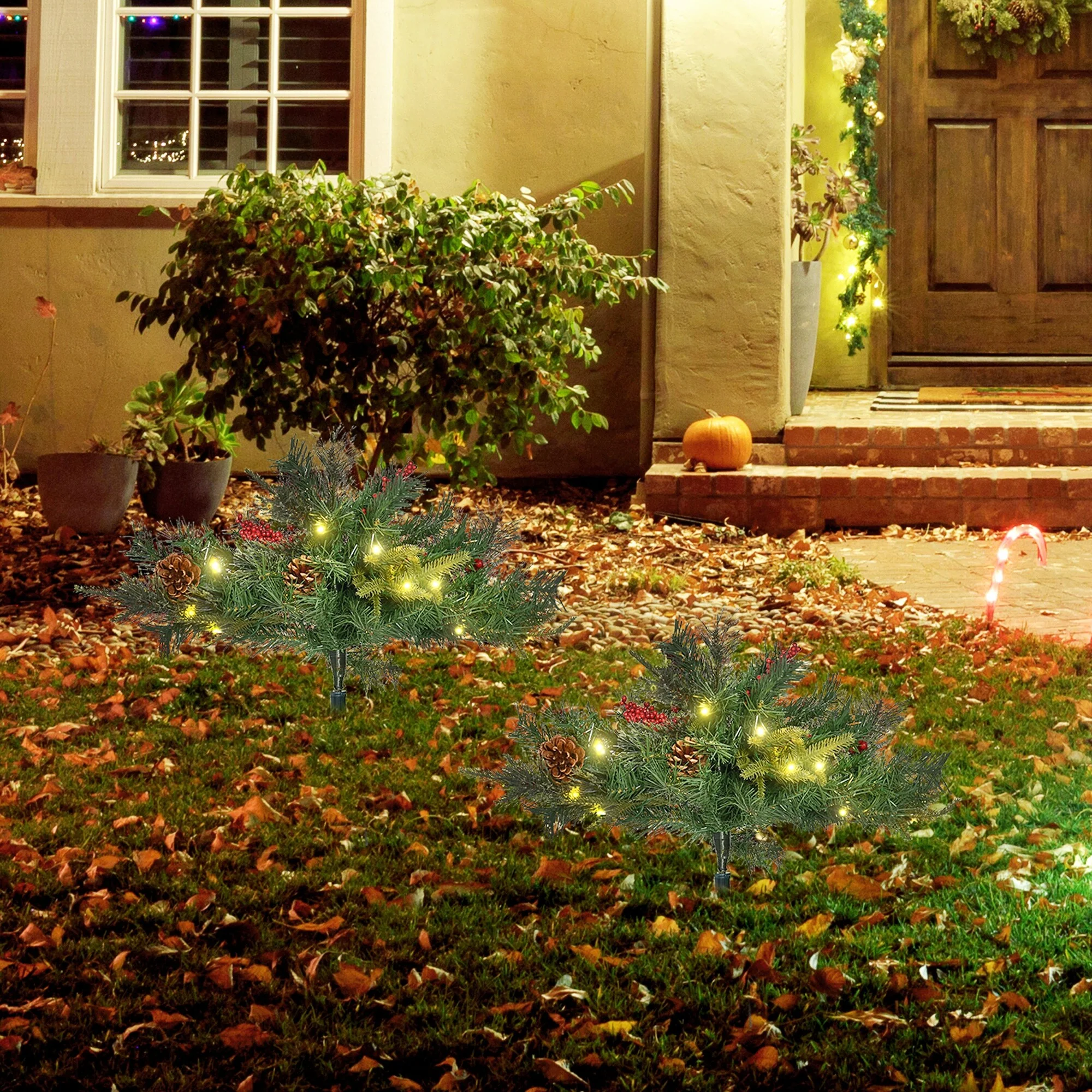 22-inch Prelit Artificial Christmas Trees with LED Lights, Red Berries & Pine Cones for Outdoor Use