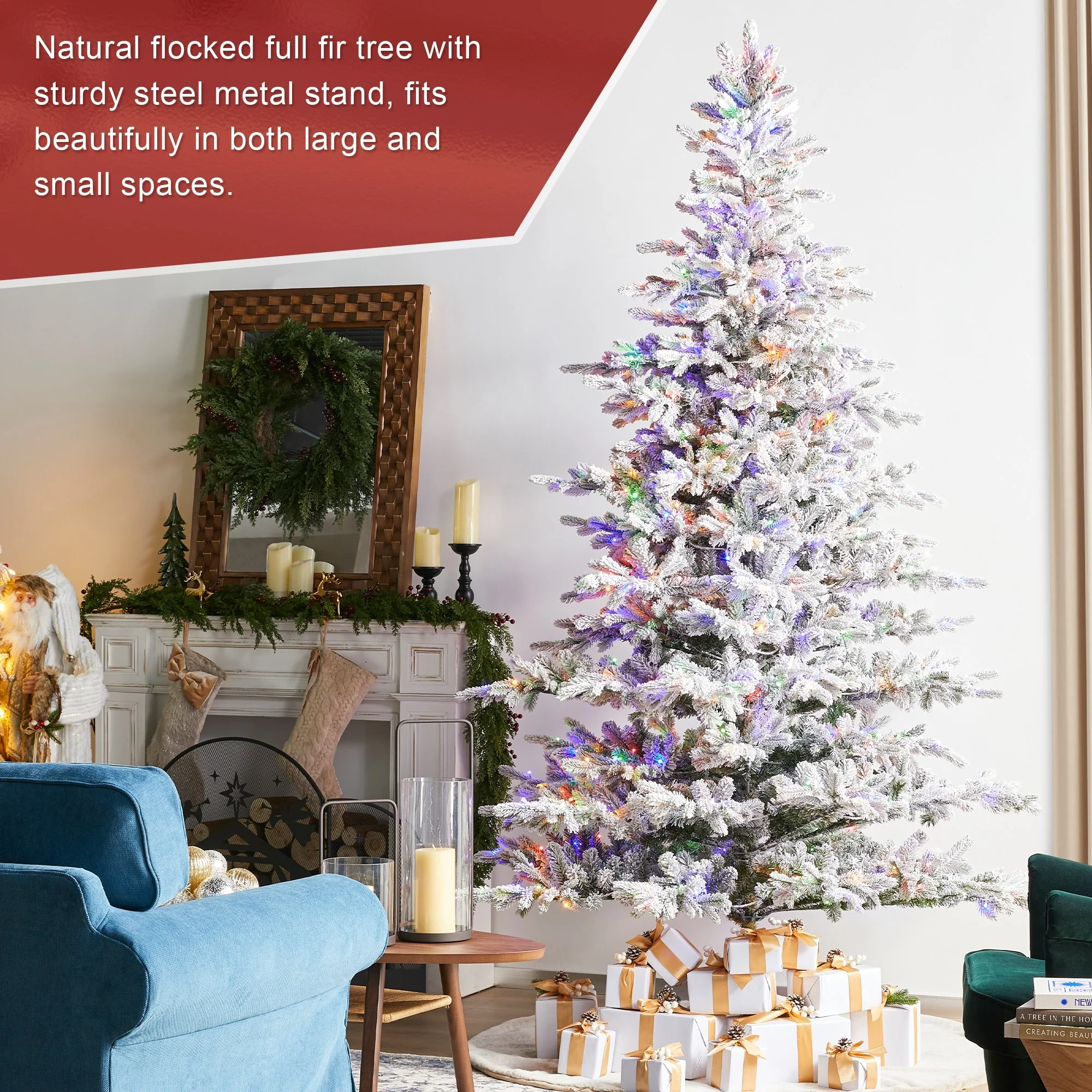 Glitzhome 7.5ft/9ft Pre-Lit Flocked Full Fir Artificial Christmas Trees with Foot Pedal