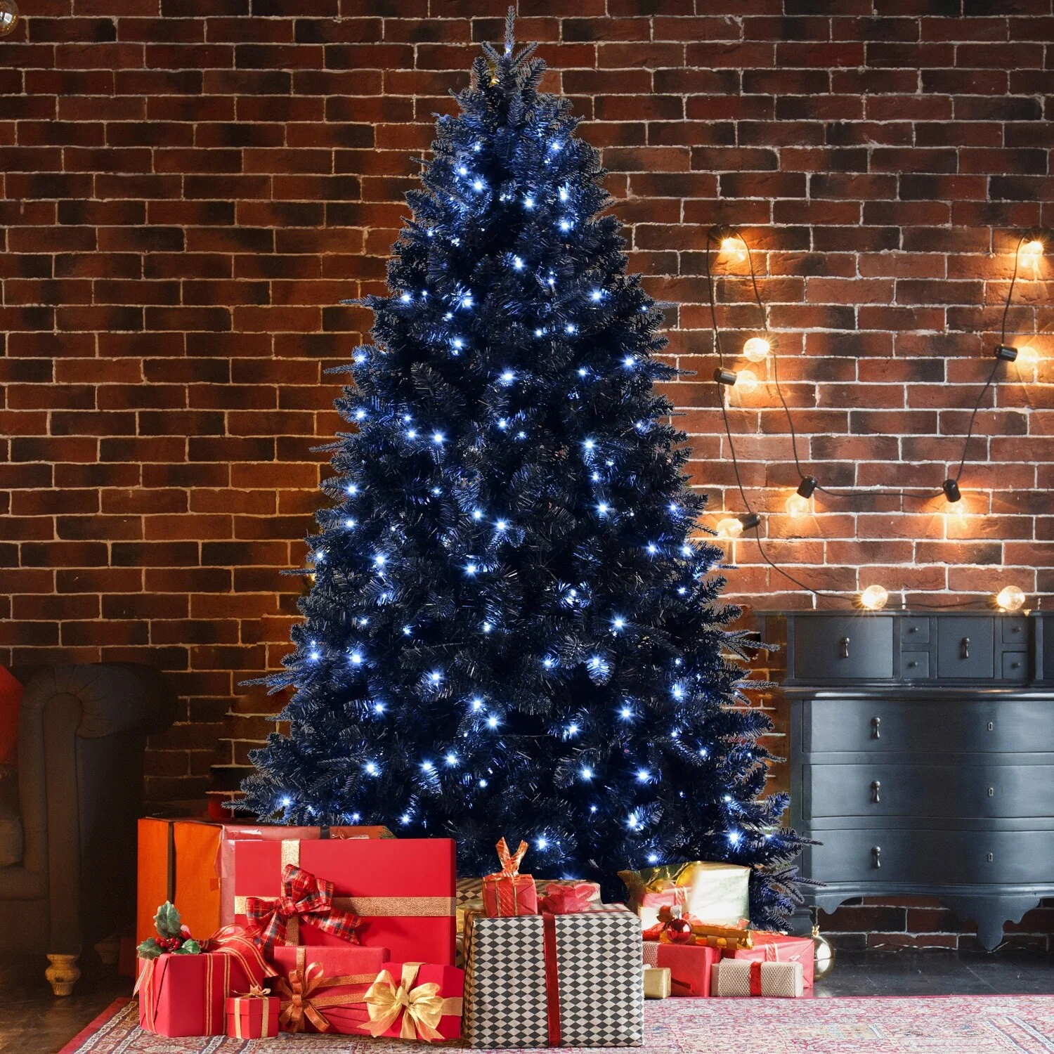 Pre-Lit Black Christmas Tree with 500-750 Lights, Full Branches, and Easy Assembly - 7.5ft to 9ft