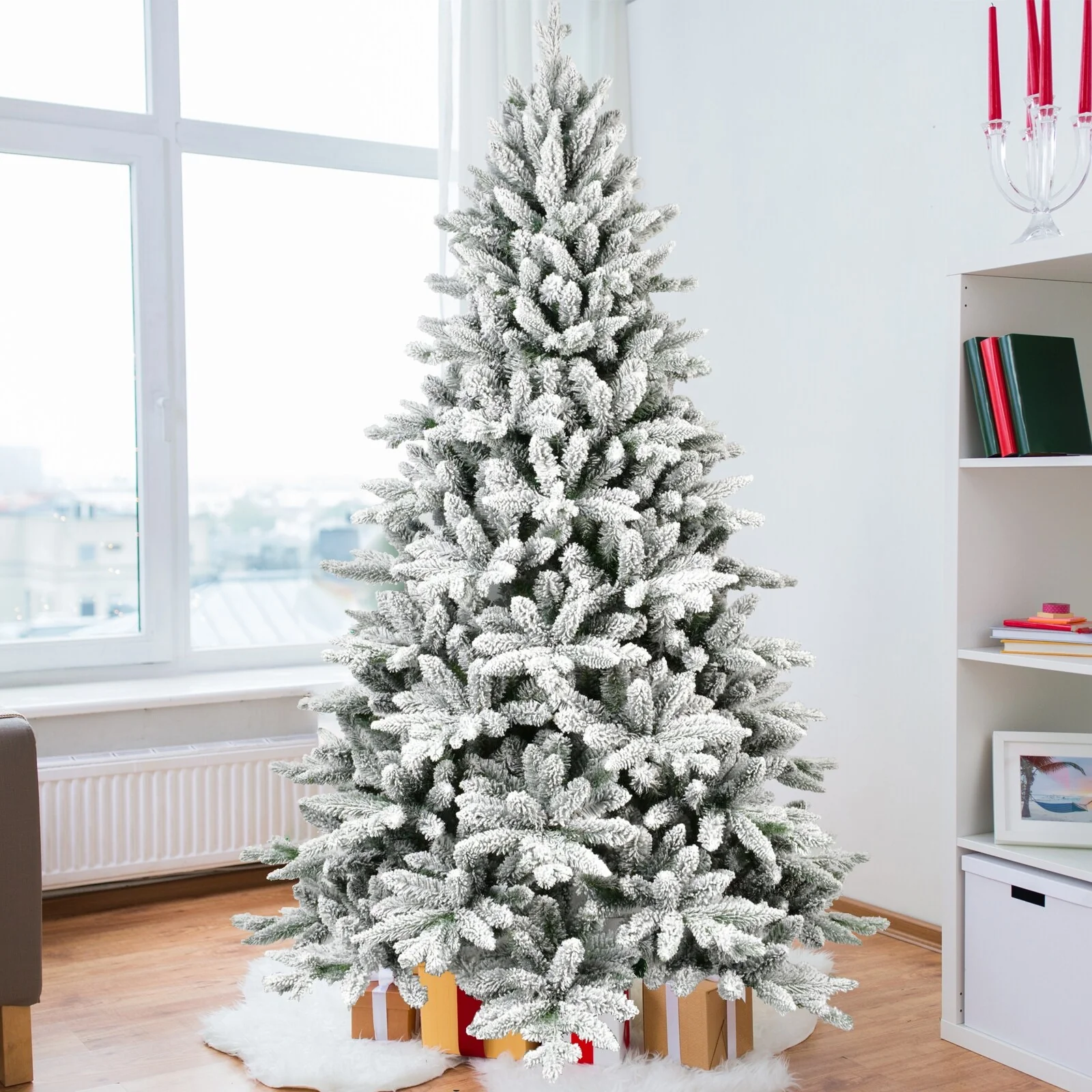 PE PVC Flocked 7FT Christmas Tree with 1514 Branch Tips and Easy Setup