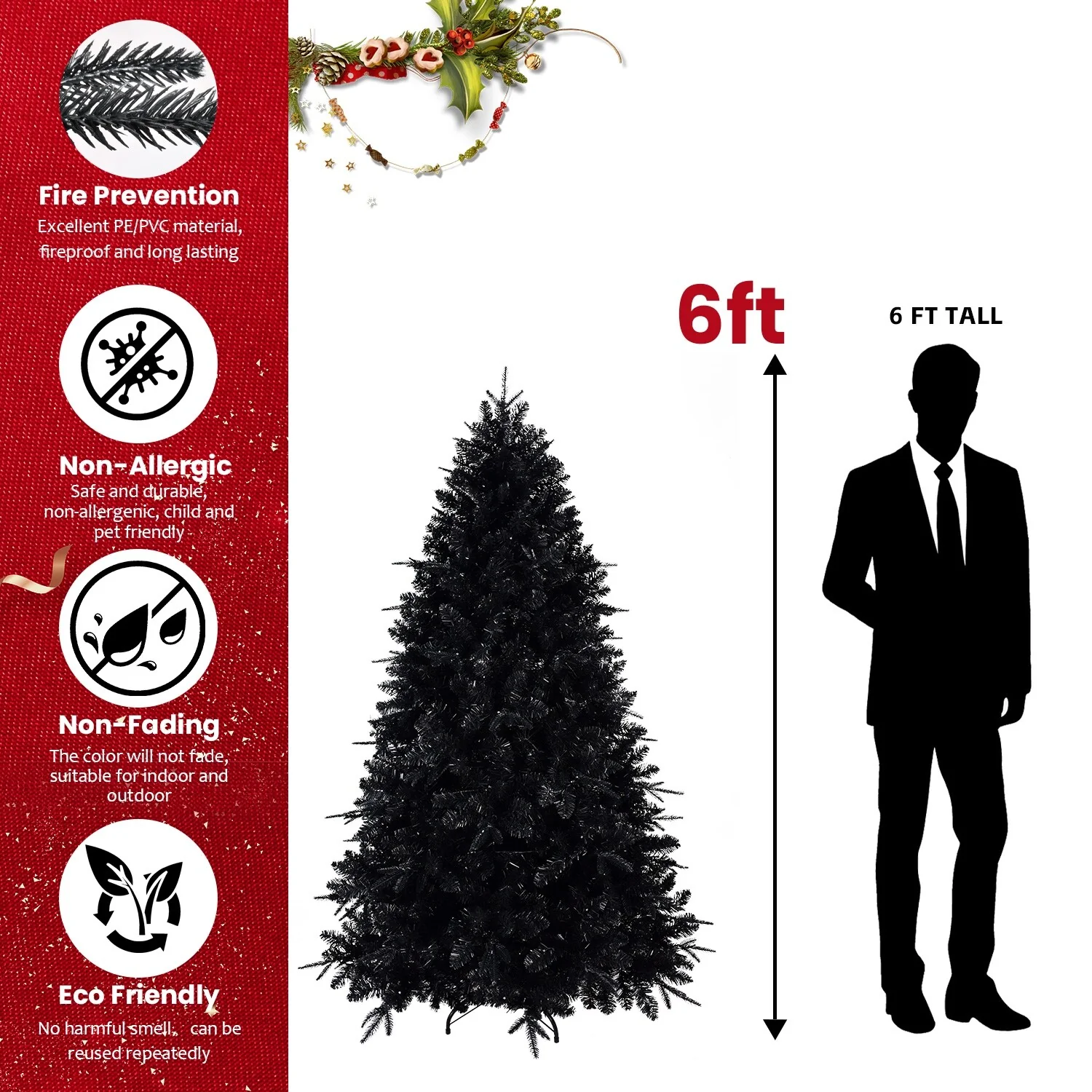 7.5ft Black Christmas Tree with 500 Pre-Strung Incandescent Lights, Full Shape with 2156 Tips, Metal Hinges, and Sturdy Base
