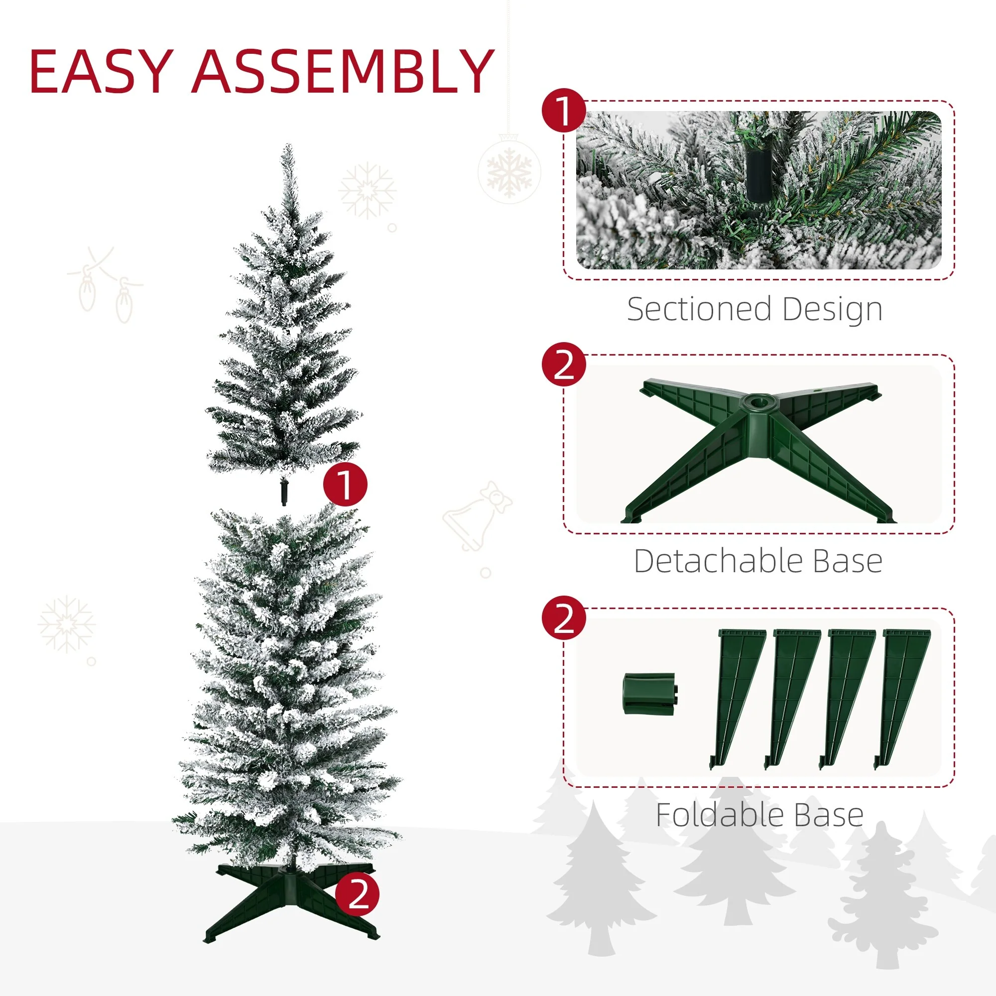 5' Snow Flocked Artificial Pencil Christmas Tree, Unlit with Realistic Branches and Stable Plastic Base