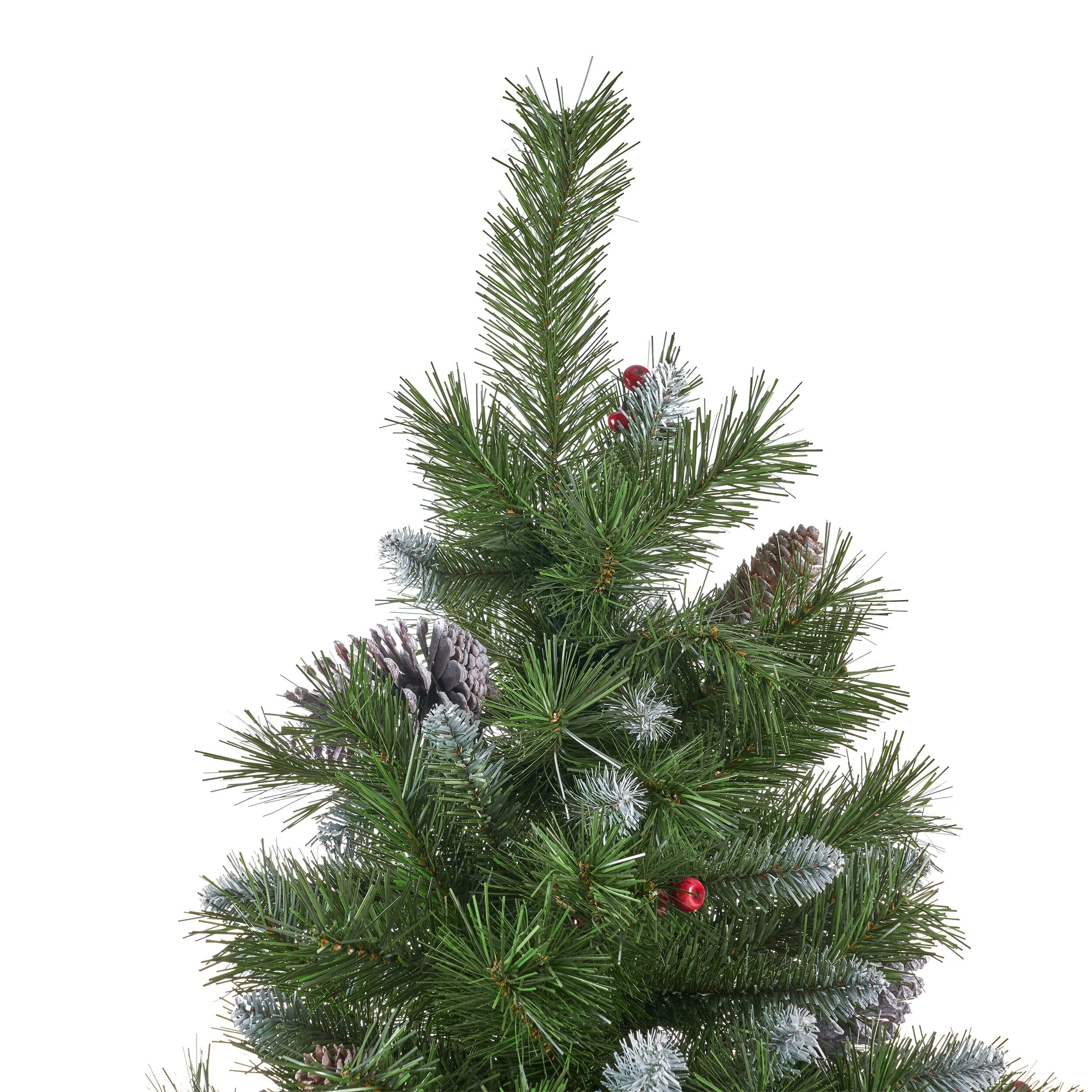 7' Mixed Frosted Hinged Tree with Pine Cones, Red Berries, 1219 Tips, Unlit, Durable Iron Stand, Easy Setup, 53